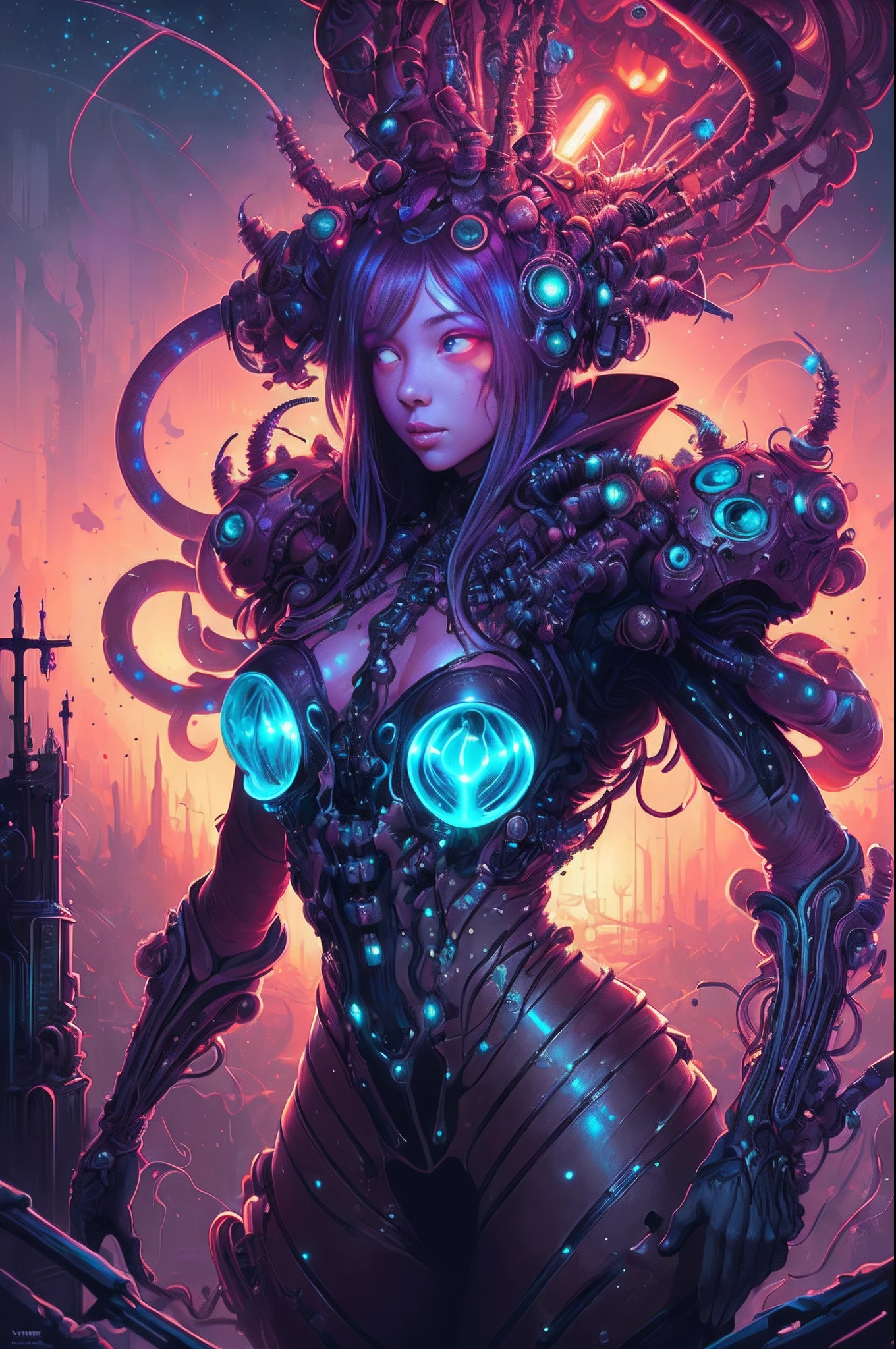 Amazing anatomy, (beautiful female Biopunk), biopunk city background, bioluminescence, (64k ultra hd:1.1), (art by apterus, art by dan mumford, art by lovecraft:1.2), best quality, cgsociety, trending on ArtStation.