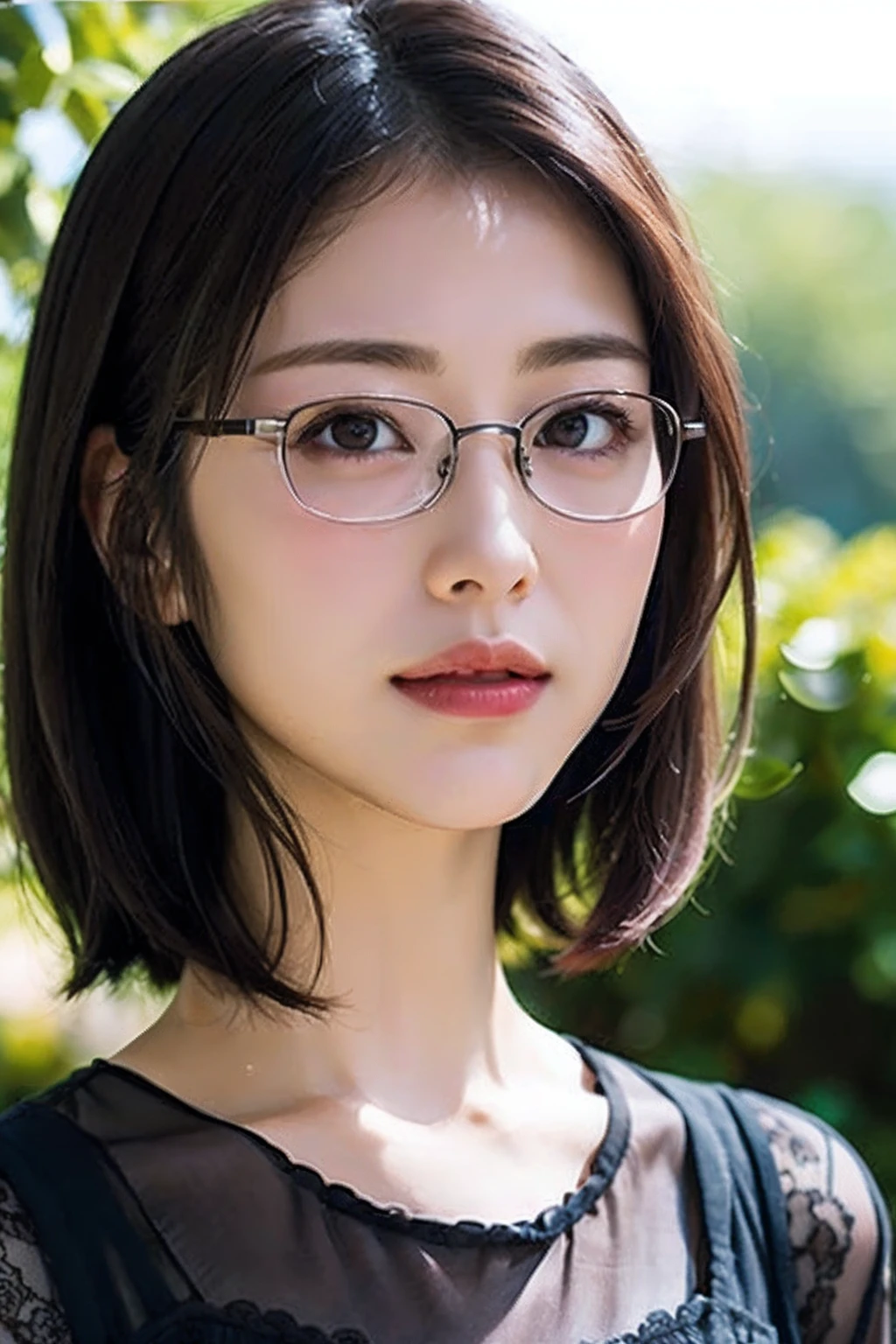 (8K、Raw photography、top-quality、masterpiece:1.2)、(realisitic、Photorealsitic:1.37)、ultra-detailliert、超A high resolution、女の子1人、see the beholder、beautifull detailed face、A smile、Constriction、(Slim waist) :1.3)、Loose-fitting clothes、Beautiful detailed skin、Skin Texture、Floating hair、Professional Lighting、Forest Park、Black square glasses 、Whole human body、Brown hair