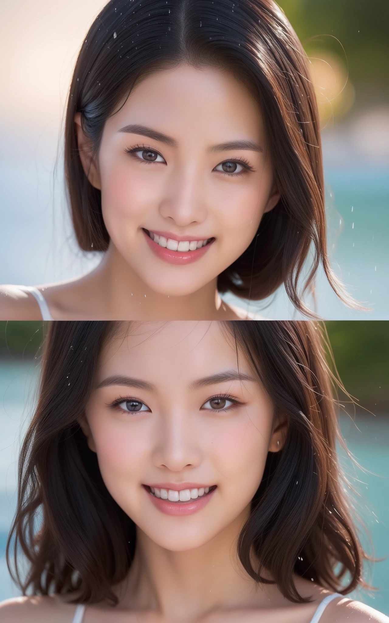 ((top-quality、in 8K、​masterpiece:1.3、超A high resolution))、(Clear focus:1.2)、girl with、10 people、20yr old、light skinned、(looking in camera:1.1)、detailed hairs、dark brown  hair、short-hair、(Detailed fabrics、Tankini:1.2)、Super fine face、Detailed skin、A detailed eye、Narrow-eyed、Moist eyes、Clear eyes、二重まぶた、Reddish cheeks、Burning cheeks、Wearing makeup、Sweating、Lustrous skin、glowy skin、Shine skin、Shaded skin、Detailed lips、Apply lipstick、ruddy lips、Wrinkled lips、(Laughing:1.2)、(Large breasts:1.2)、BREAK、(细致背景、the beach:1.4)、(Very heavy rain:1.4、Evening glow:1.4)、Natural lighting、(longshot:1.7)、wakame、wakame、wakame、wakame、wakame、wakame、wakame、wakame、wakame、wakame、wakame、wakame、wakame、wakame、wakame、wakame、wakame、wakame、wakame、wakame、wakame、wakame、wakame、wakame、wakame