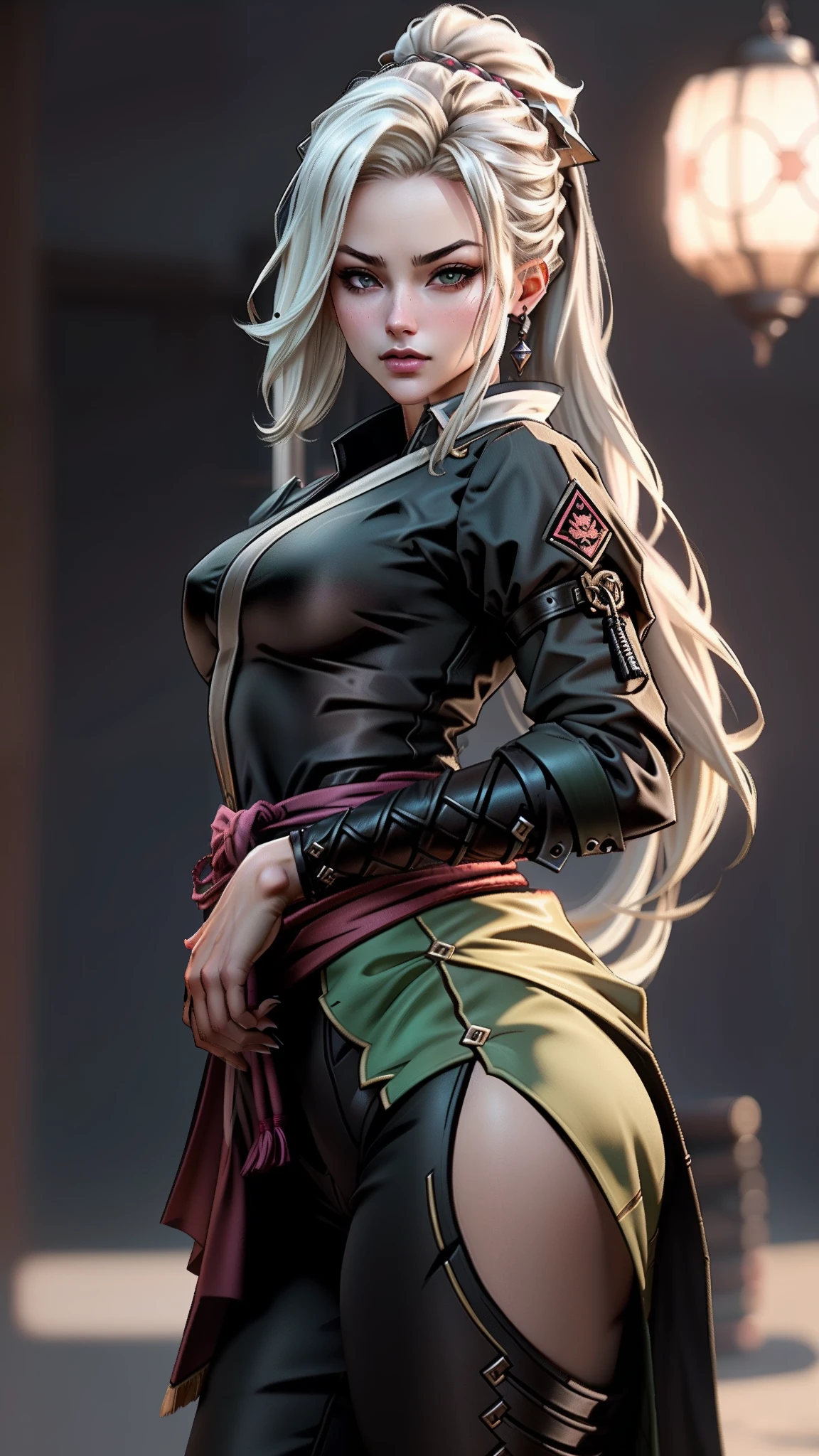 Make me a somewhat realistic animated female kor from dnd with gray skin, long white hair thats braided, an athletic body build, tall, and all black assasins clothing that covers her. Give her a serious facial expression and black long nails
