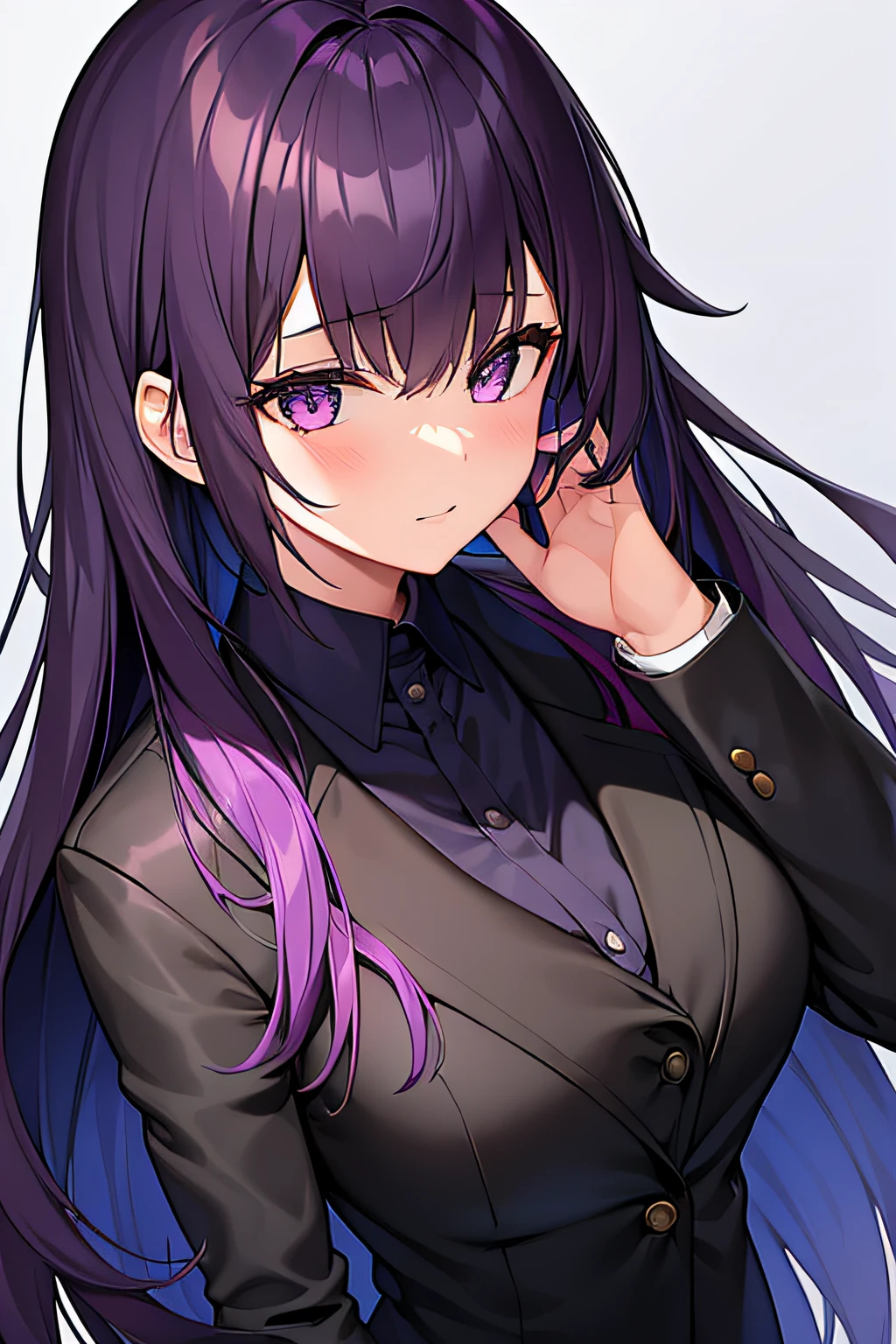 a girl with a dark purpled hair wearing black blazers and black fancy clothes