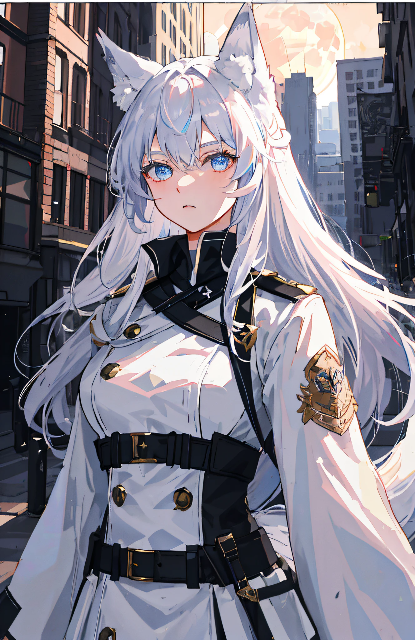 (Masterpiece, Best quality, absurderes:1.2), Original Character、Best quality Full Moon 1 girl at the level of masterpiece，Mature woman，Modern style white military uniform，The expression is grim，Silver long-haired woman，Light pink lips，calm，information，Blue pupil color，assassins，Carry wolf ears and tail，Ribbon of words "Wolf Abyss"、With a military cap、Cartoony , (, arms behind  head), Bed