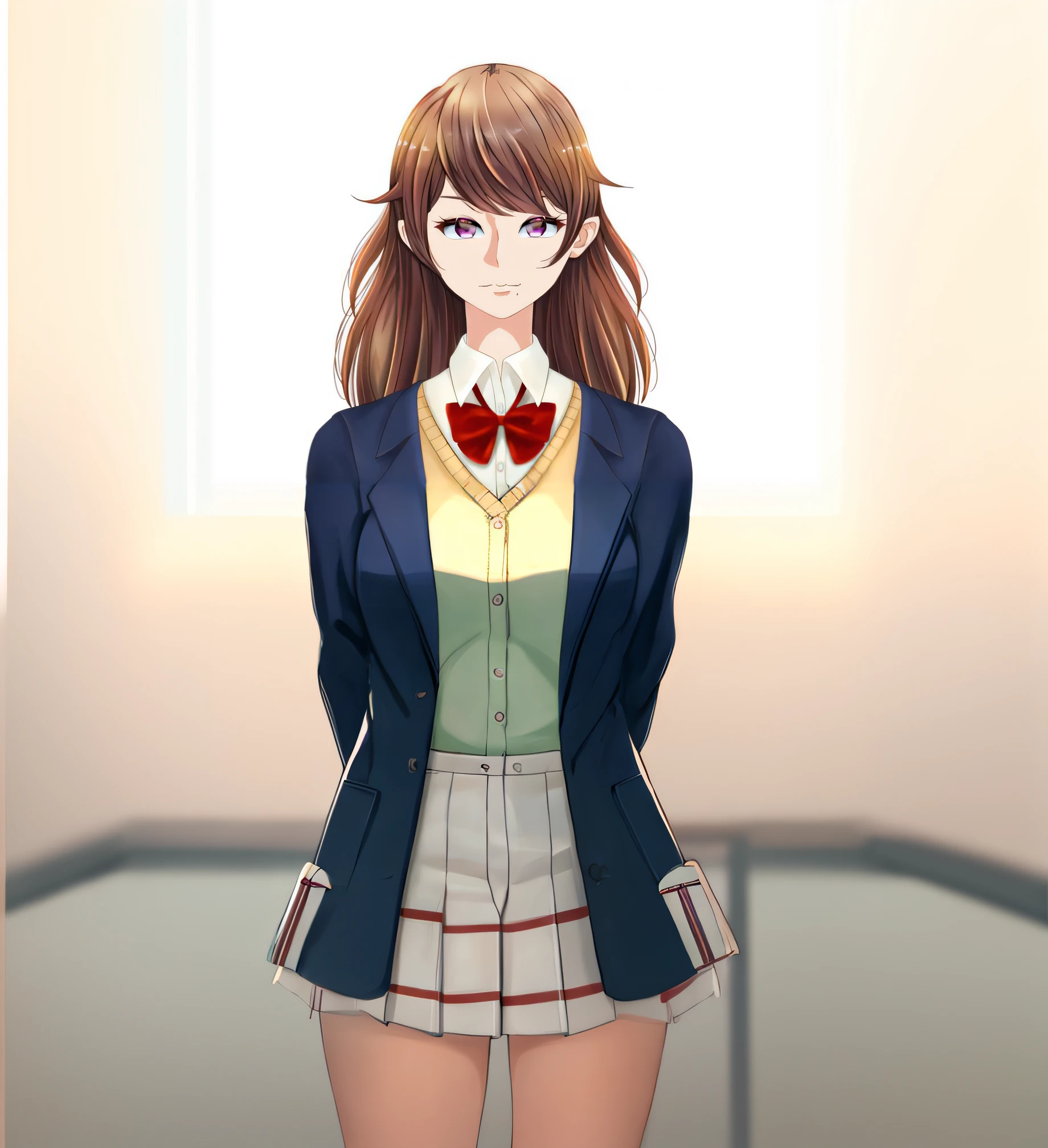 (((masterpiece))), (((best quality))), ((ultra-detailed)), (highly detailed CG illustration), ((an extremely delicate and beautiful)),1girl, a close up of a person wearing a suit and bow tie, realistic schoolgirl, kawaii realistic portrait, visual novel sprite, sayori, marin kitagawa fanart, realistic young anime girl, hyperrealistic schoolgirl, render of april, semi realistic anime, female anime character, a hyperrealistic schoolgirl, inspired by Hisui Sugiura, anime moe artstyle