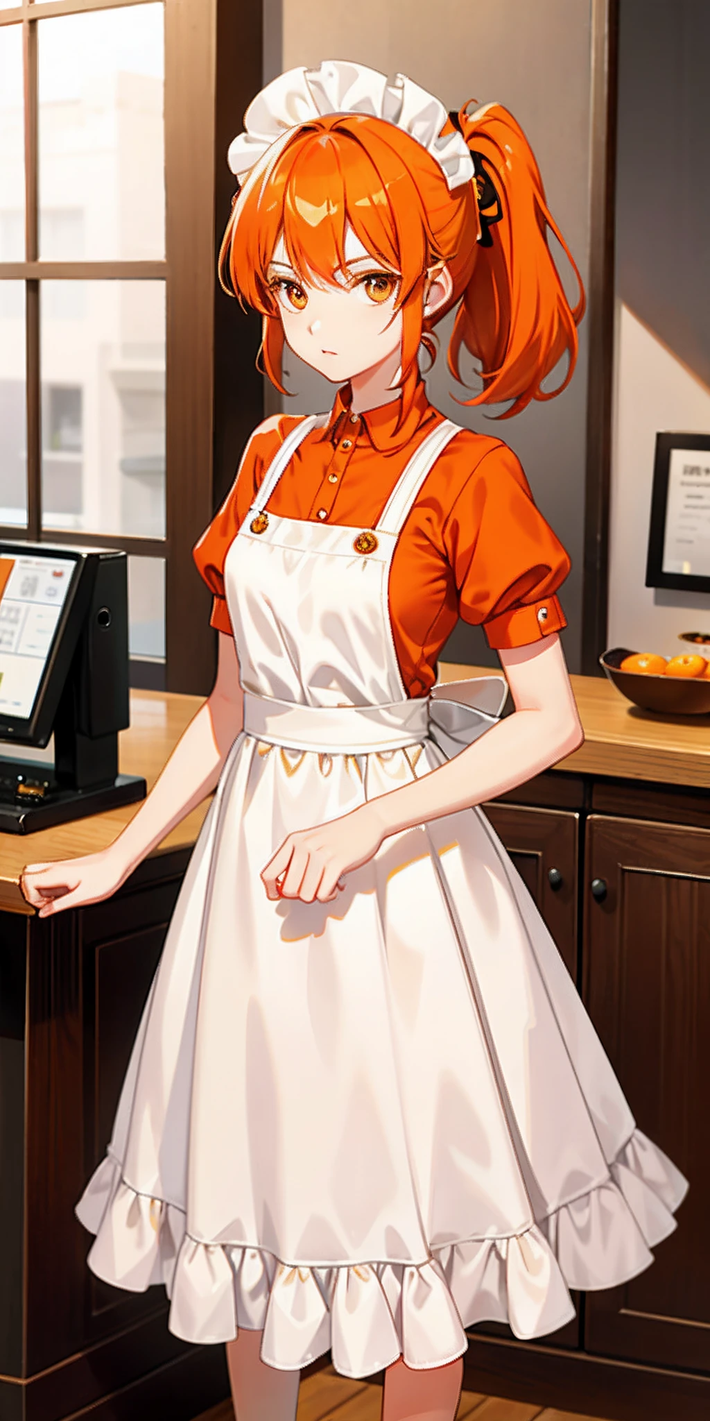 Working in a coffee shop, : 16,airstyle: Ponytails, Hair color: Orange, Eye color: pale brown, Calm face, Big eyes, Height: 150cm, Body type: slender, Breast size: Small, ((orange maid clothes)), white apron, white ruffles