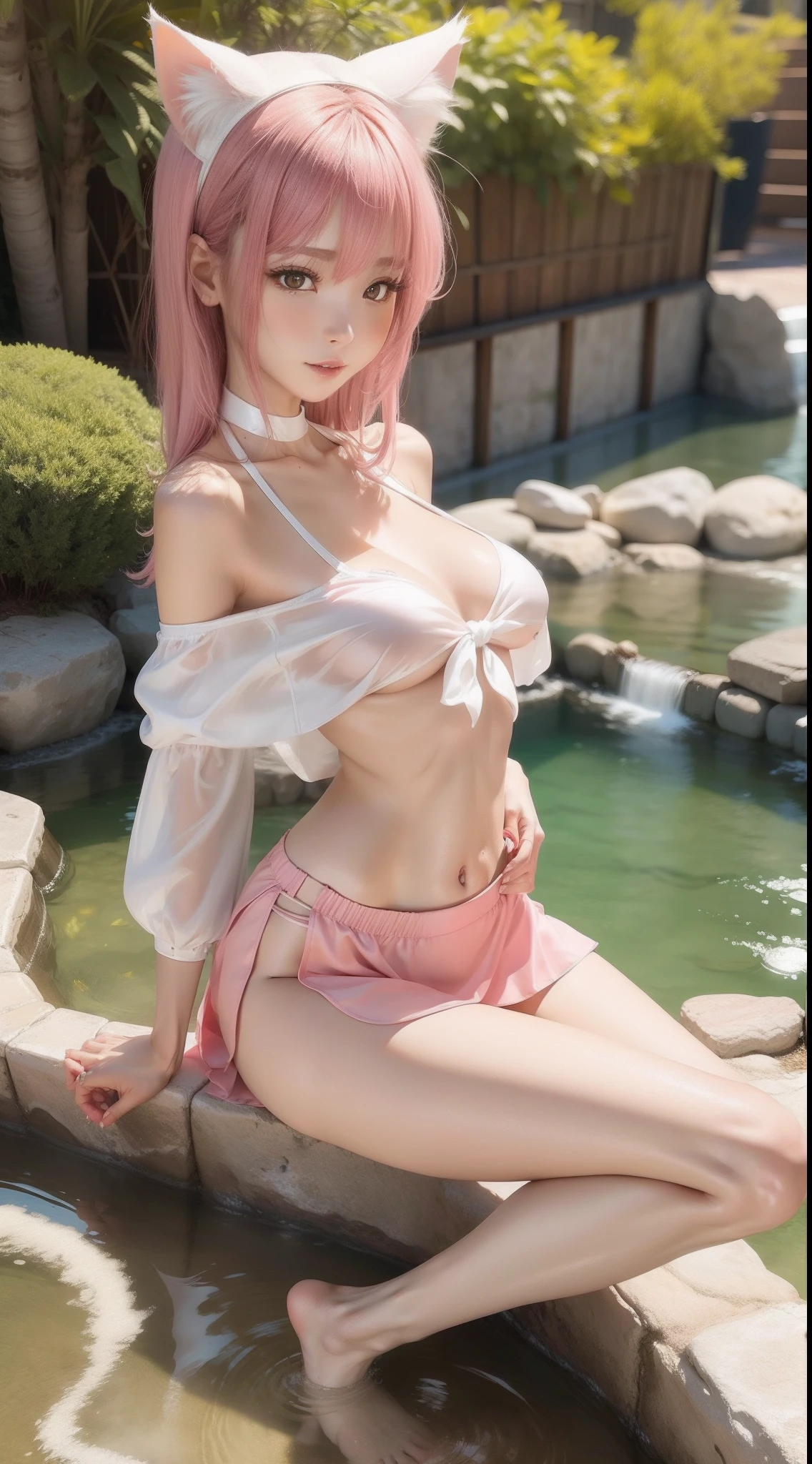 White silk hot spring cat ear girl bare breasts long legs，Pink miniskirt