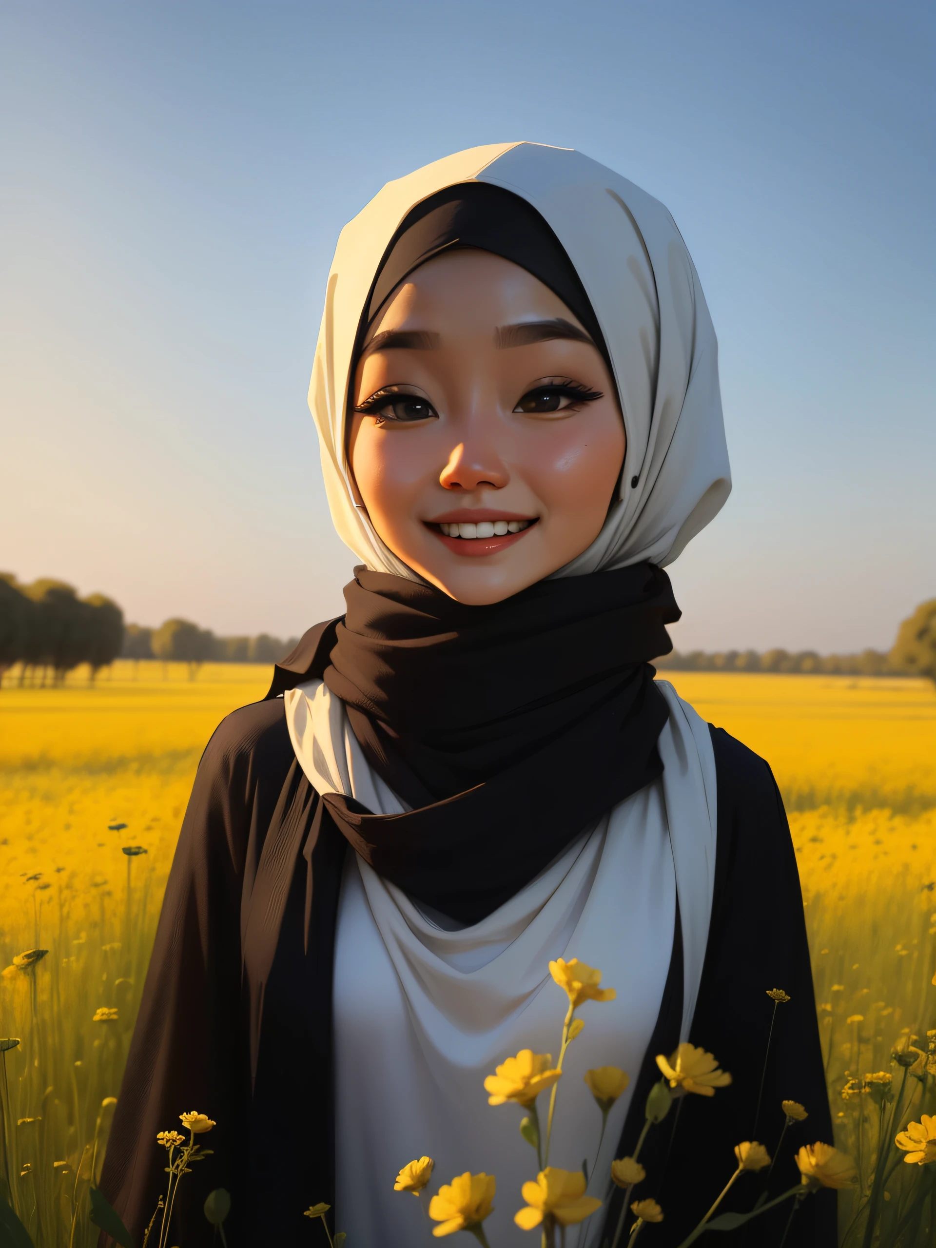 a happy girl wearing a scarf and a black and white dress standing in a field, beauty girl, cute face, big eyes, close up, happy pose, hijab, inspired by Naza, beautiful aesthetic, inspired by JoWOnder, inspired by Shaddy Safadi, inspired by Nazmi Ziya Guran, handsome girl, shawl, high quality portrait, inspired by Ni Yuanlu, inspired by Fathi Hassan, zenra taliyah