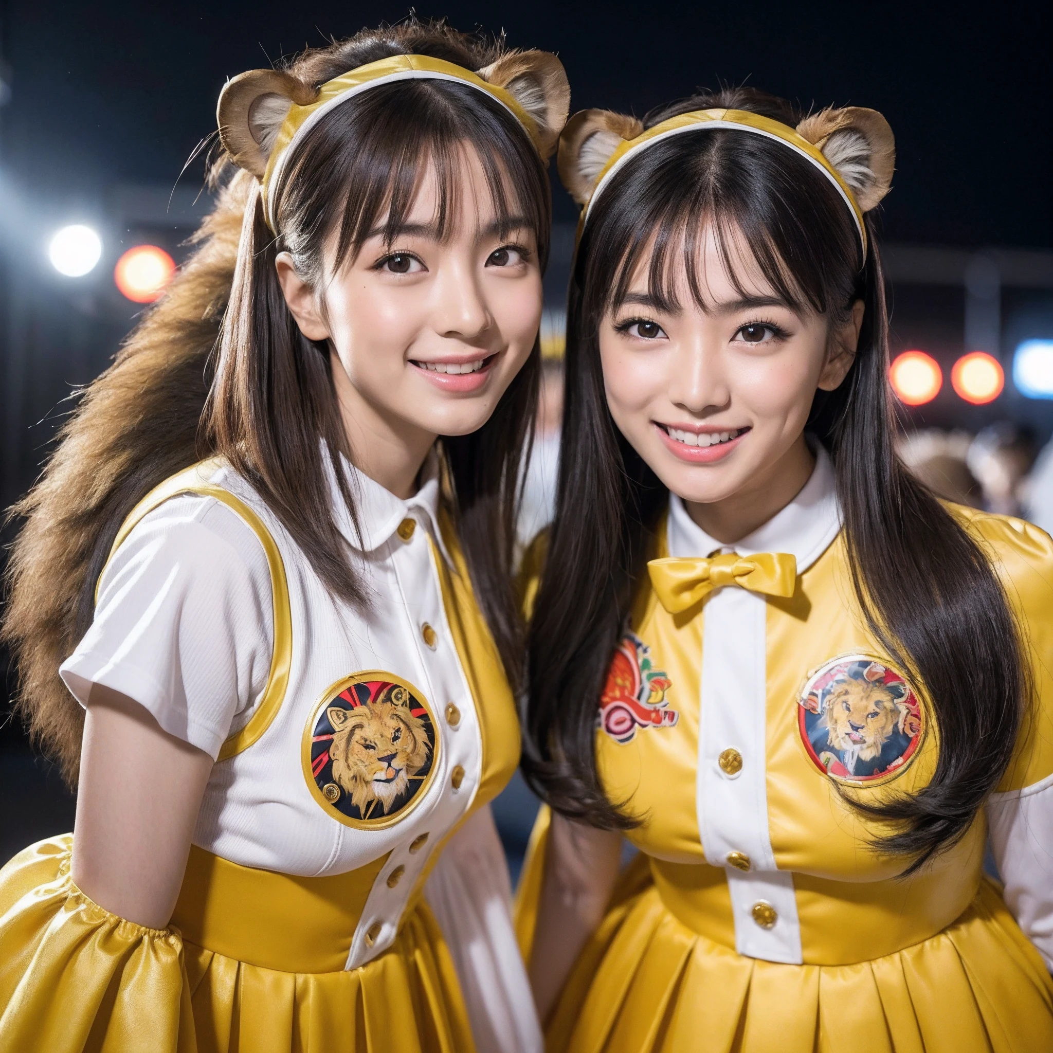 (8K、RAW Photos、top-quality、​masterpiece:1.5)、(realisitic、Photorealsitic:1.5)、ultra-detailliert、超A high resolution、lighting like a movie、(((Idols who love lions)))、(((Japan 16 year old girls)))、(((Wearing a cute costume with a lion motif)))、(A lot of lions:1.5)、cute smile face、Happy and energetic atmosphere、dynamic ungle、动态照明