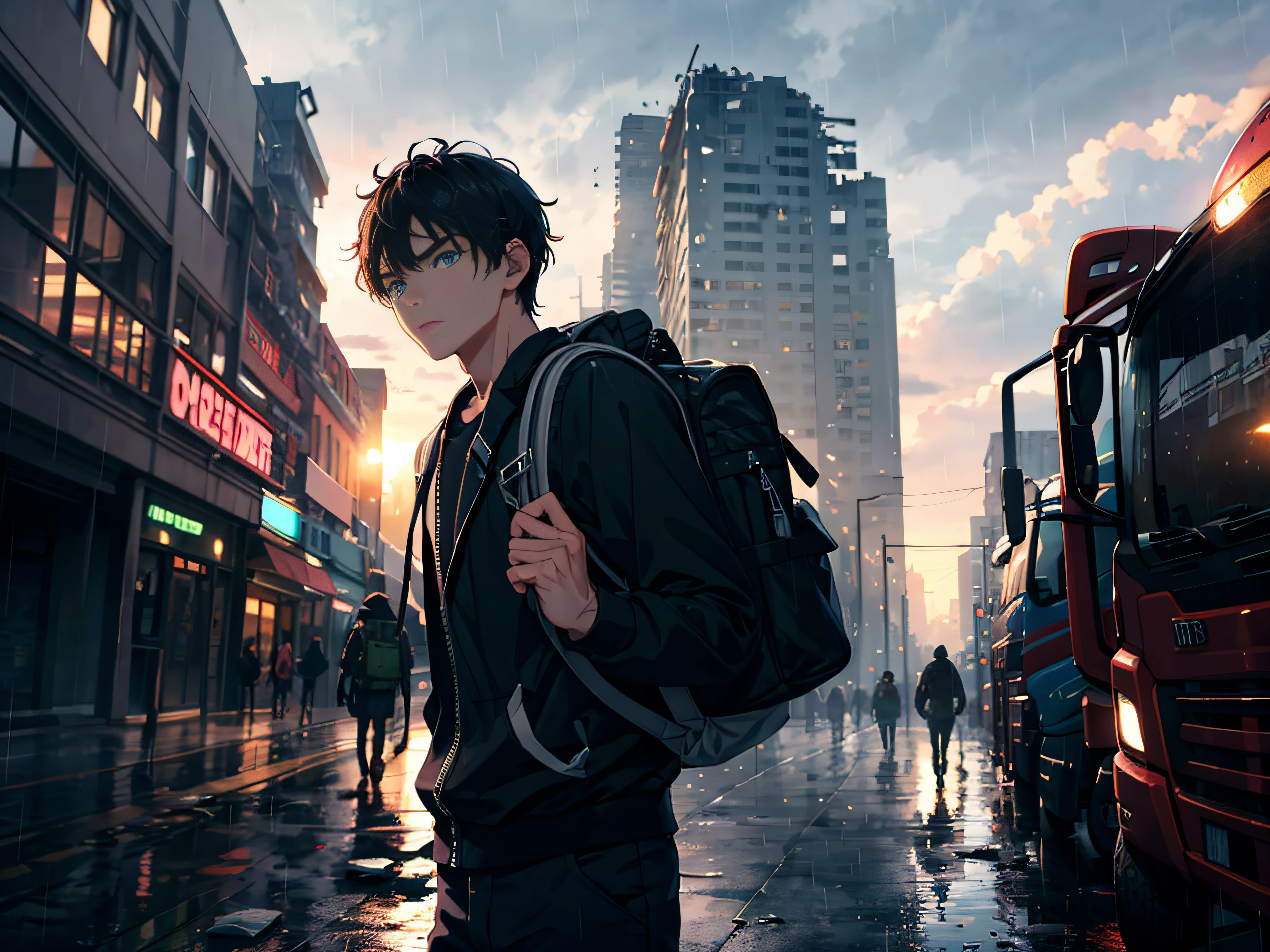 Ultra HD details、Ruined city、Rain sky、Giant trucks,Handsome boy in black、A hesitant expression appeared,carrying backpack
