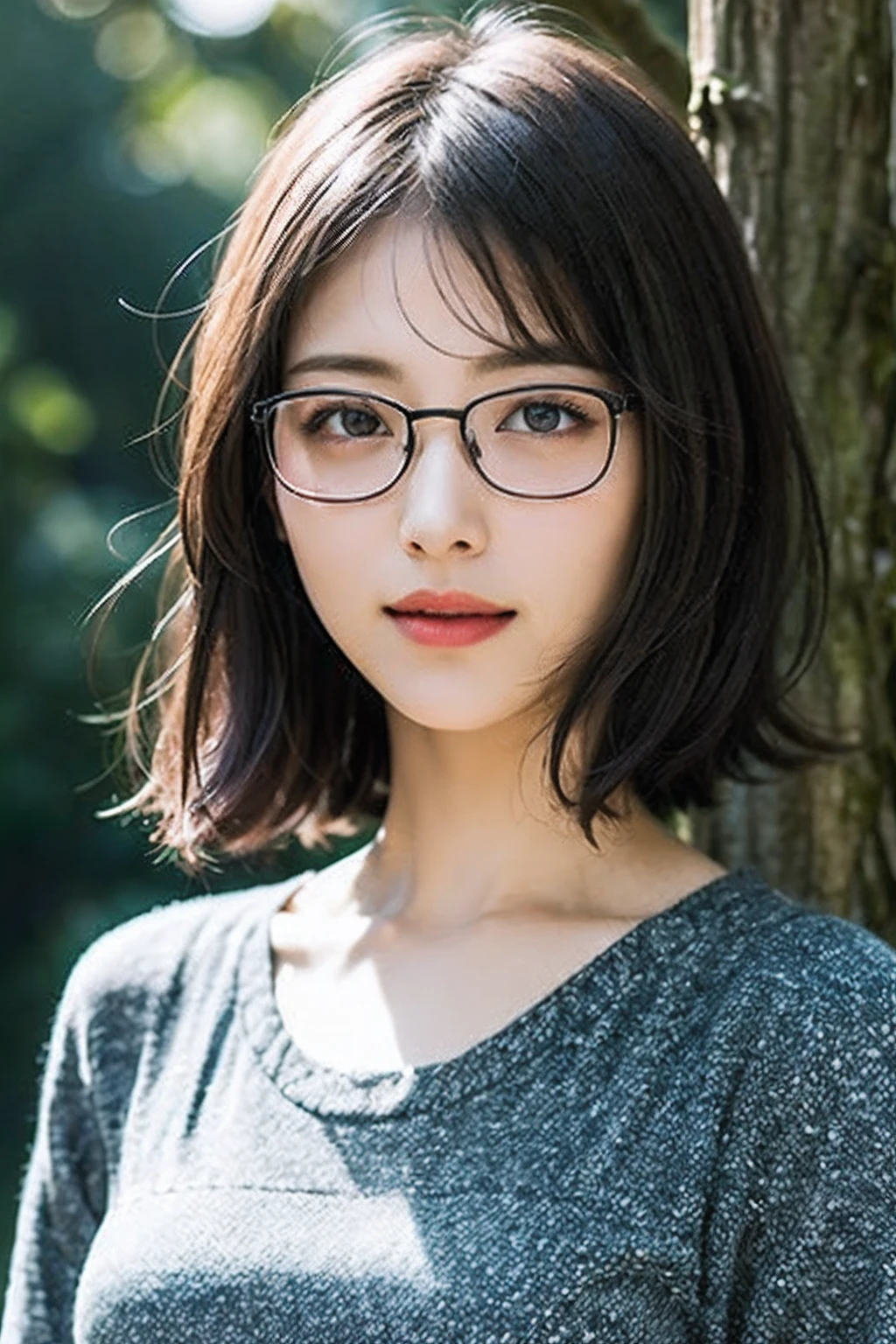 (8K、Raw photography、top-quality、masterpiece:1.2)、(realisitic、Photorealsitic:1.37)、ultra-detailliert、超A high resolution、女の子1人、see the beholder、beautifull detailed face、A smile、Constriction、(Slim waist) :1.3)、loose-fitting clothes、Beautiful detailed skin、Skin Texture、Floating hair、Professional Lighting、Forest Park、Black square glasses 、Whole human body、Brown hair