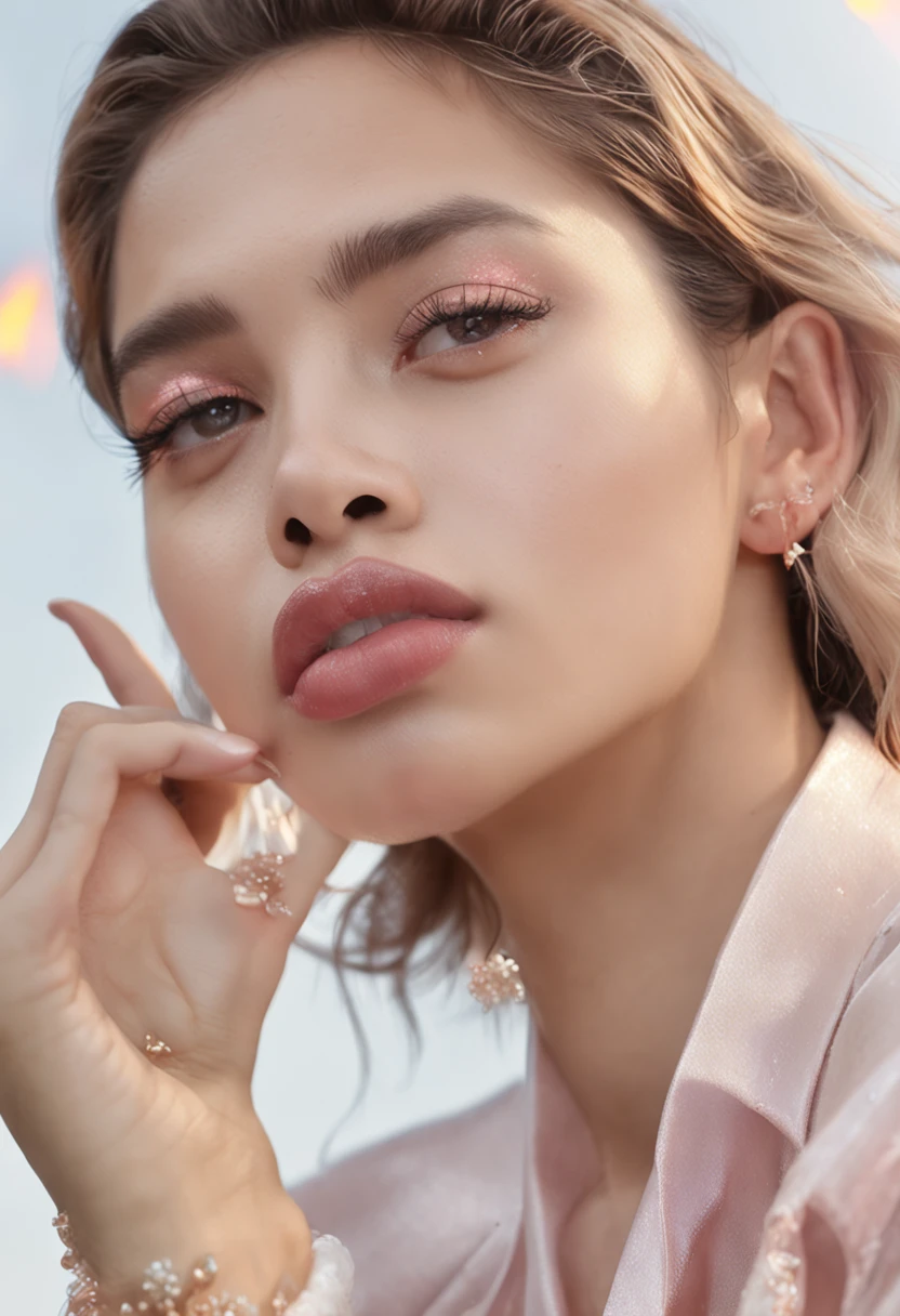 (8k, Foto RAW, fotorrealista:1.25) ,( Lip gloss, Cilia, rosto brilhante, Pele brilhante e brilhante, best quality, ultrahigh-resolution, profundidade de campo, color difference, caustics, wide lighting, Sombra natural,Kpop idol) olhando para o espectador com uma felicidade serena e divina, , Sagging Tits, Seios enormes, seios gigantescos de decote, perfeito , NSFW, blonde hair, olhos castanhos