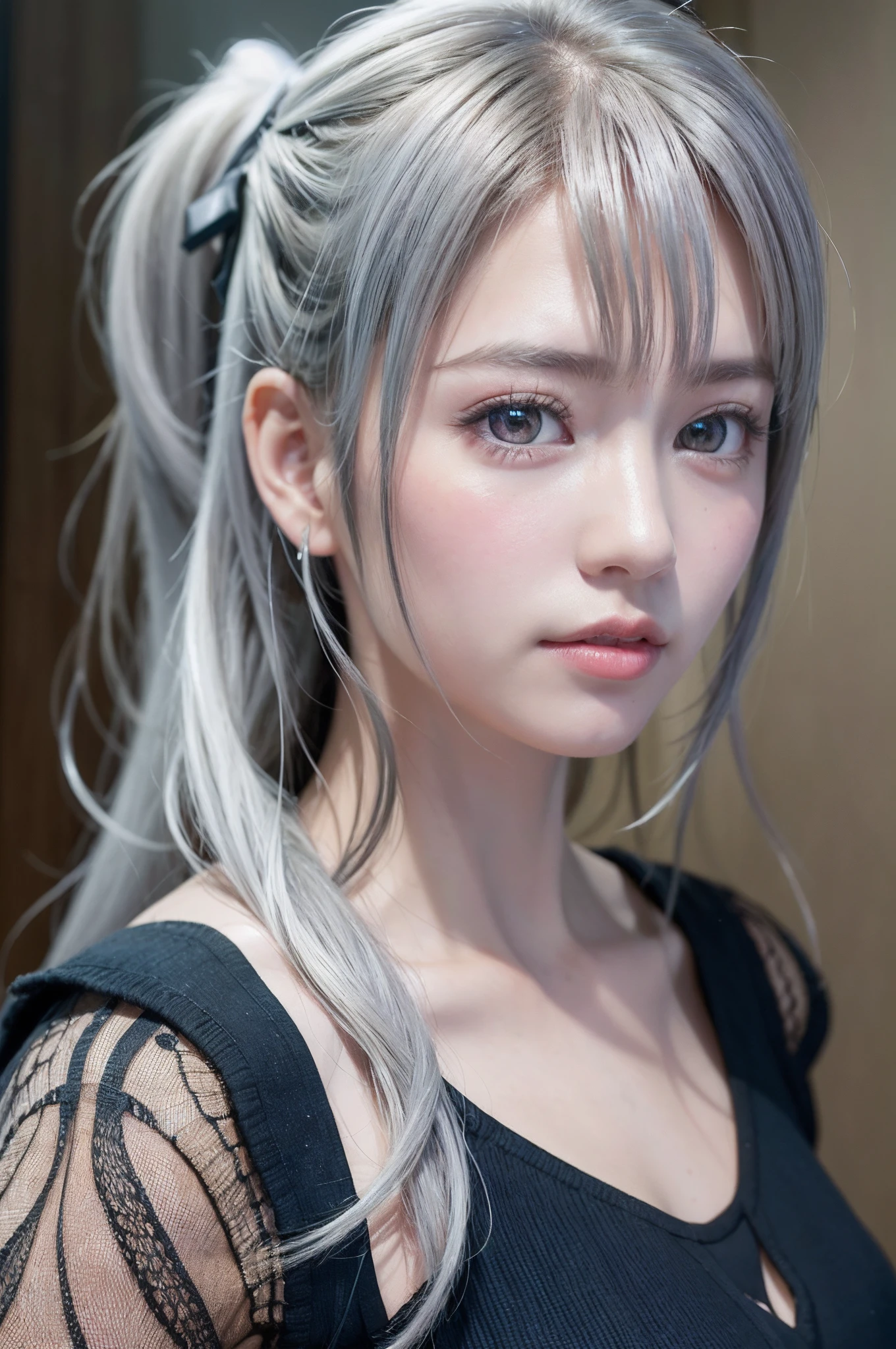 top-quality、8K Masterpiece、超A high resolution、(Photorealsitic:1.3)、Raw photo、女の子1人、silver white hair、poneyTail、glowy skin、1 super beautiful college girl、((super realistic details))、portlate、globalillumination、Shadow、octan render、8K、ultrasharp、highly intricate detail、Realistic light、CGSoation Trends、Beautiful eyes、radiant eyes、Facing the camera、