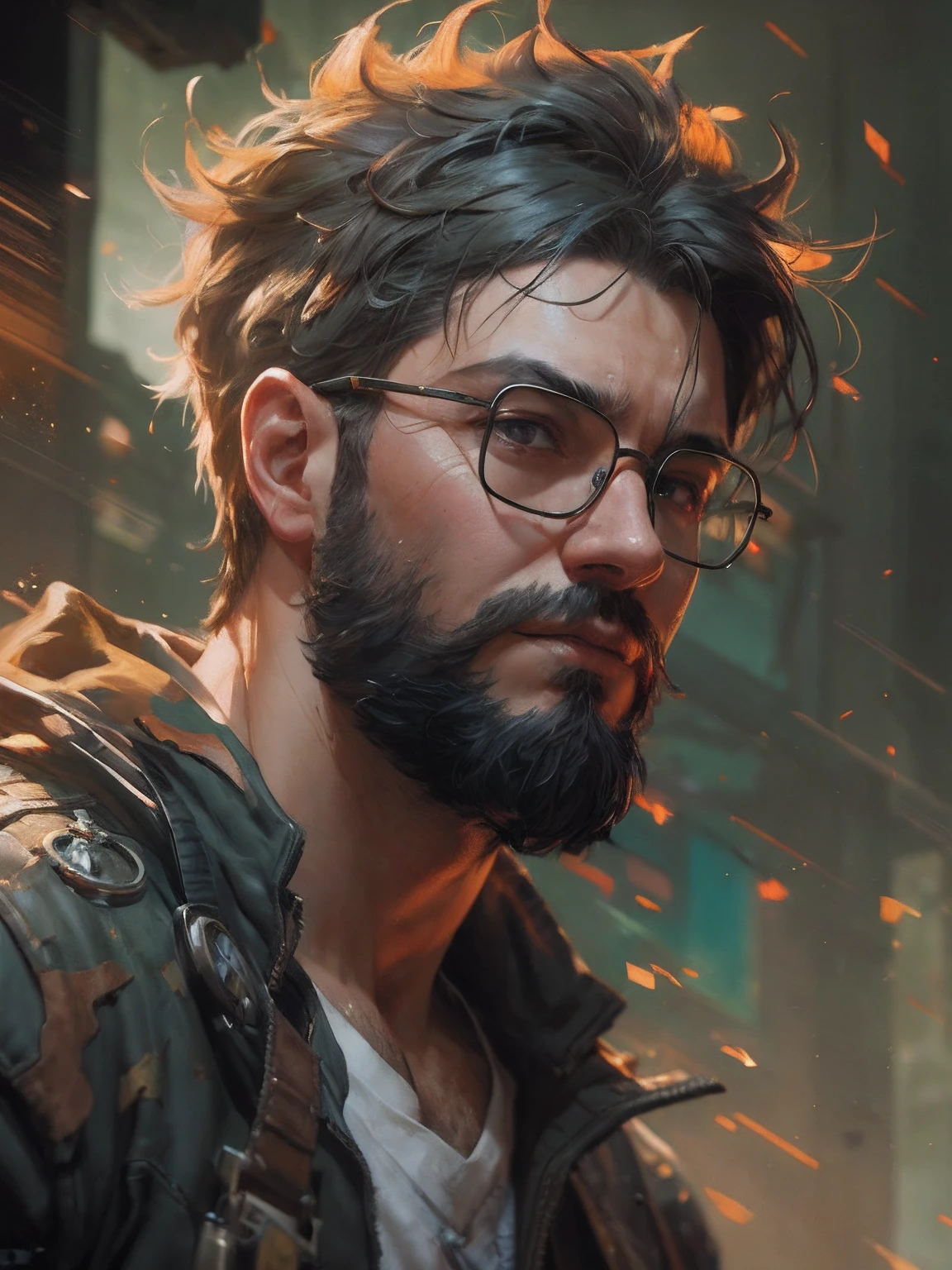 ((PivaArts SD1.5)) obra-prima, melhor qualidade, Foto RAW, 32k, uma pintura de um homem, Beard and glasses with spiked head and jacket, Estilo Craig Mullins, craig mullins dappled lighting, Craig Mullins Greg Rutkowski, inspirado em Craig Mullins, Directed by: Craig Mullins, Craig Mullins Nekro, Craig Mullins Chave Escura, James Gurney Estilo de pintura, Wojtek FUS, Artgerm Craig Mullins, Craig Mullins 8k, Estilo Sigma 150mm, F/3.5.