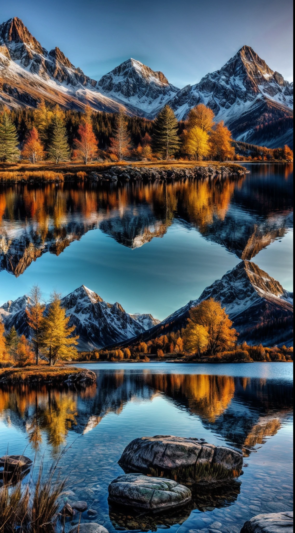 a mountain range with a lake and rocks in the foreground, majestic nature scenery, an amazing landscape image, incredible reflections, stunning nature in background, mountains and lakes, lakeside mountains, autumn mountains, landscape photography 4k, epic beautiful landscape, nature wallpaper, beautiful mountains, beautiful nature, beautiful reflexions, marc adamus, breathtaking mountains, beatiful mountain background