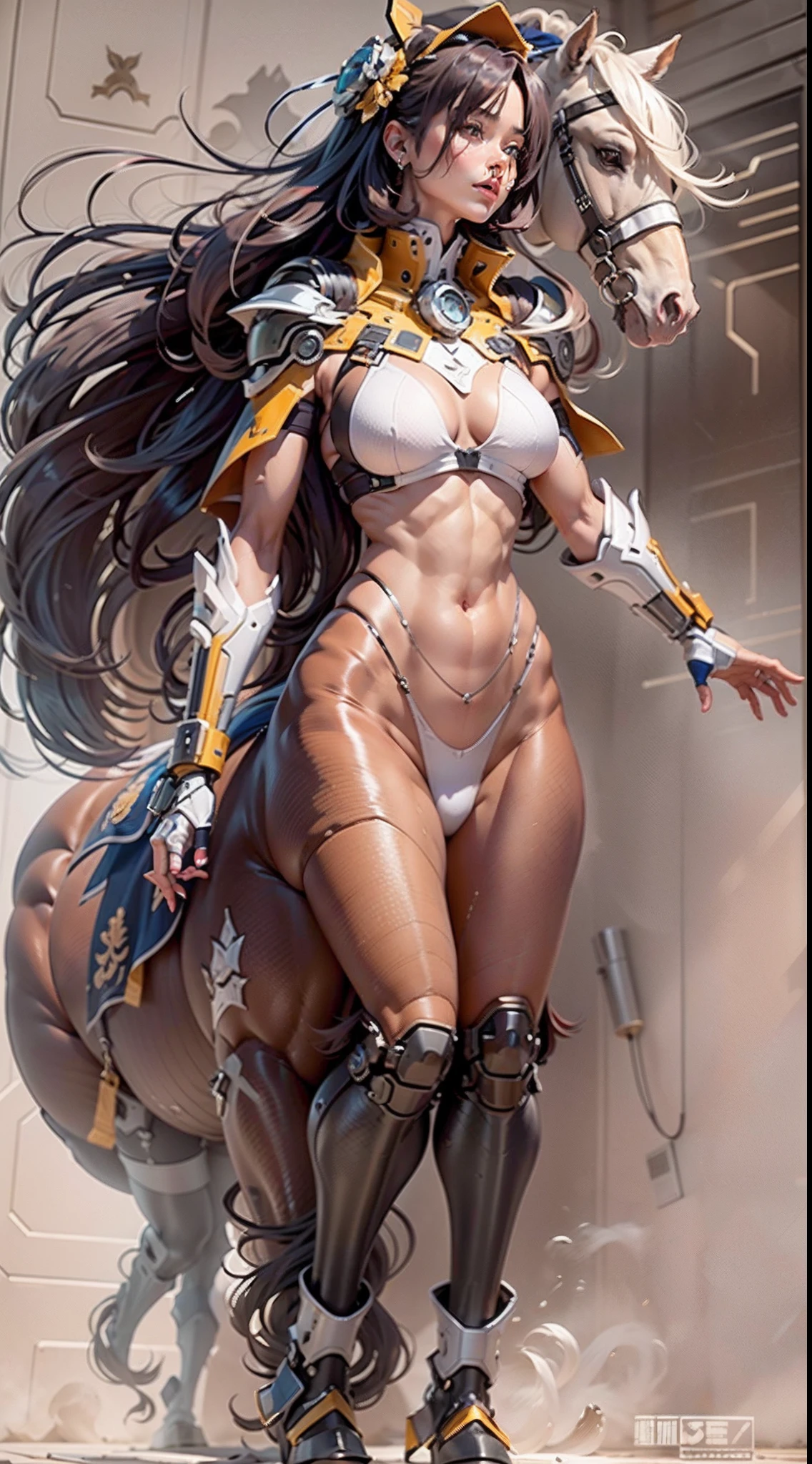 (A female centaur:1.5),She is both(Female: Centaur, half human, half horse, half horse, half horse:1.5),It is also a female Yingzhao。She blends both images,The first is:((The head of the horse/neck/Shoulder these parts,Replaced with a beautiful female human upper body):9.9),'s(Female, half-centaur, half-human, half-horse, half-human:1.5),The second is:((The head of the horse/neck/lower back/hason/gluteal/Shijo Thigh Female Embodiment):9.9),'s(Seamless chimera of a female half-horse with a beauty:9.9),(It's like a chimera of a female human and a half-horse costume:9.9),This chimerism is based on a strong future(Technologie:1.5)above。The ultra-wide-angle lens captures the image of her beautiful and ethereal wings on the ionosphere launching a super-high-speed charge and leaping。Her front half is distinctly feminine,Tall sexy body,possessed(K cup giant coconut tit chest:9.9),Has(Narrowed small brute waist 5.5)、Butterfly cross、(Long legs:9.9),The embedded interface of the bent female metamorphosis part of the back half of the body is at the hip position of the front half of the body。(The horse-shaped, half-horse torso form of her back body is completely female humanization9.9)。Translucent fluid flowing from the(Narrowed sternum 5.5)The upper end begins to embed the chest cavity of a woman in the shape of a bent dog style at the back of the beautiful woman's body/lower back/Ventral transverse。Then there are the sexy beauty's upright hips,(Her entire body has been completely female and replaced by a female body:9.9),Including the half-horse part。Mechanized armor covers the legs with knee-shaped anti-joints and feet,And these parts are highly anthropomorphic,This makes her legs graceful and slender,Her four horse legs exploded in length proportions and was slender and toned,Under the legs are skinny white feet dressed in Skyscraper Heels,Use Midjourney's advanced stroke tools and color palettes, as well as texture packs, model packs, and texture tools,Concentration,Include