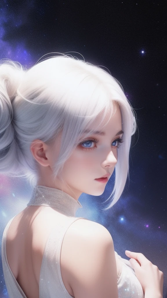 The girl's hair is turning into a starry sky,The girl's body blends into the galaxy,White skirt,White hair,Close-up of the head