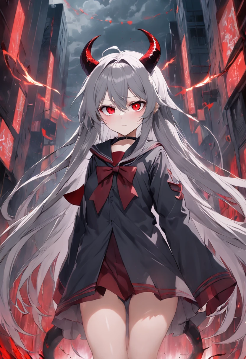 Dull hair, Gray hair,Red eyes,long whitr hair,demonic horns,Broken sailor suit,Girl body type,There are devil's wings on the back,He had a little blood on him,8K,Look into the camera,Empty eyes,Dynamic,Background of the destroyed city