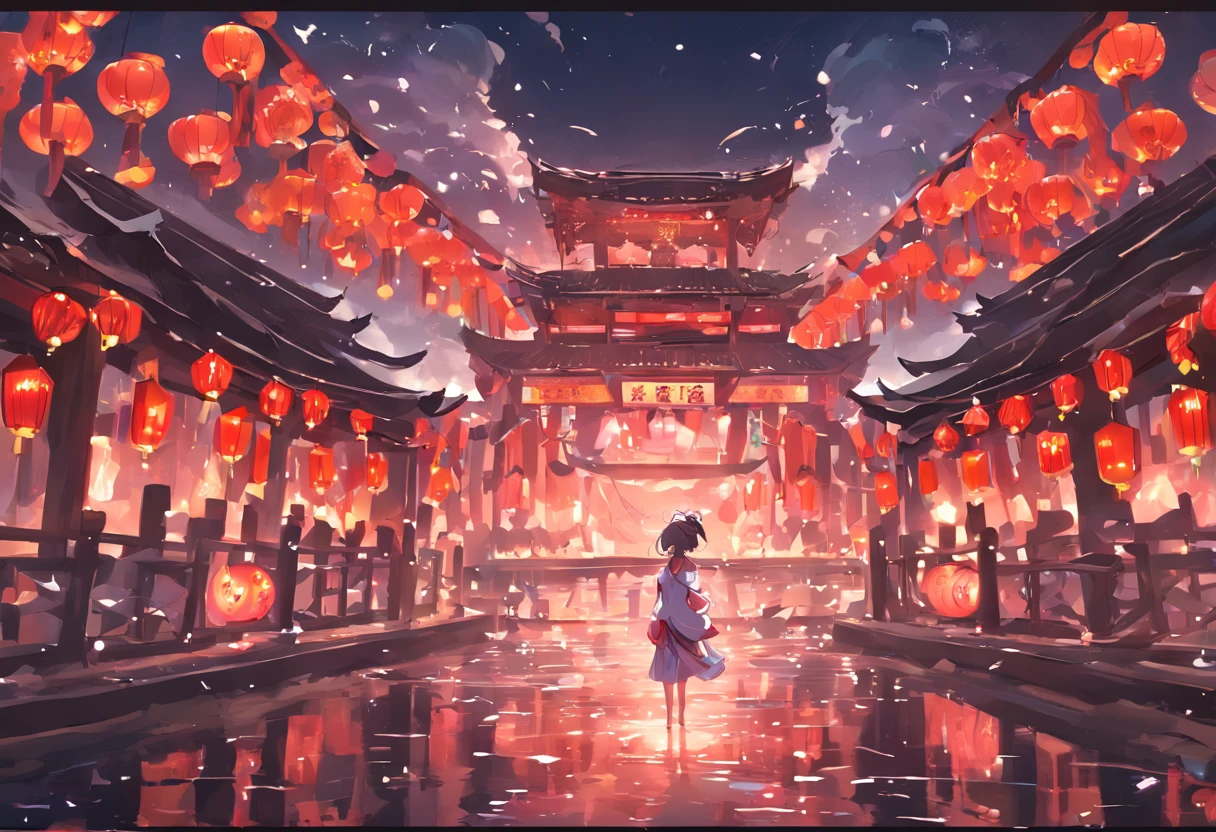 The lanterns are the stage for performances，There are many Kong Ming lanterns，Scene of a river flowing，Bright moon，best qualtiy，3D modeling rendering，C4D style，wide wide shot，8K，