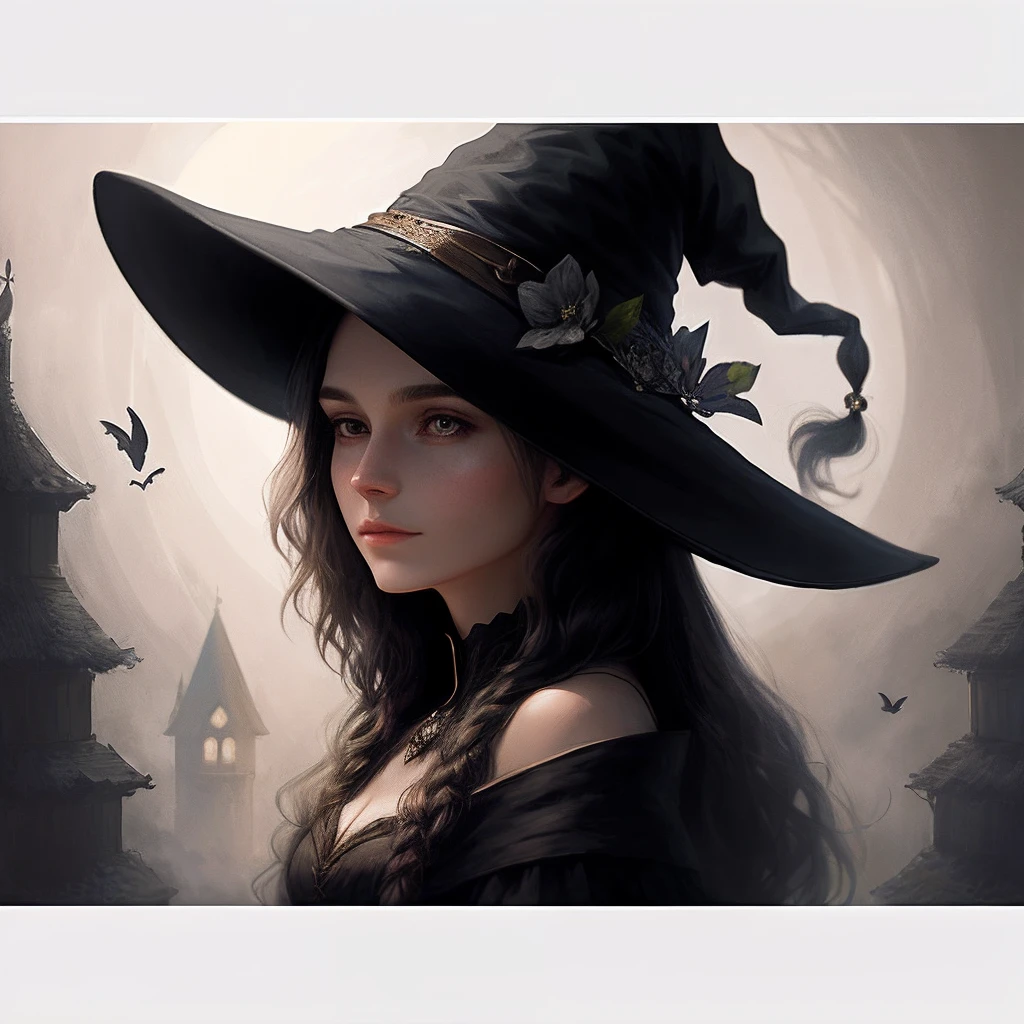 Beautiful witch in a pointed hat, loose hair on the shoulders, Mysterious atmosphere, soft light, hiquality, Detailed study