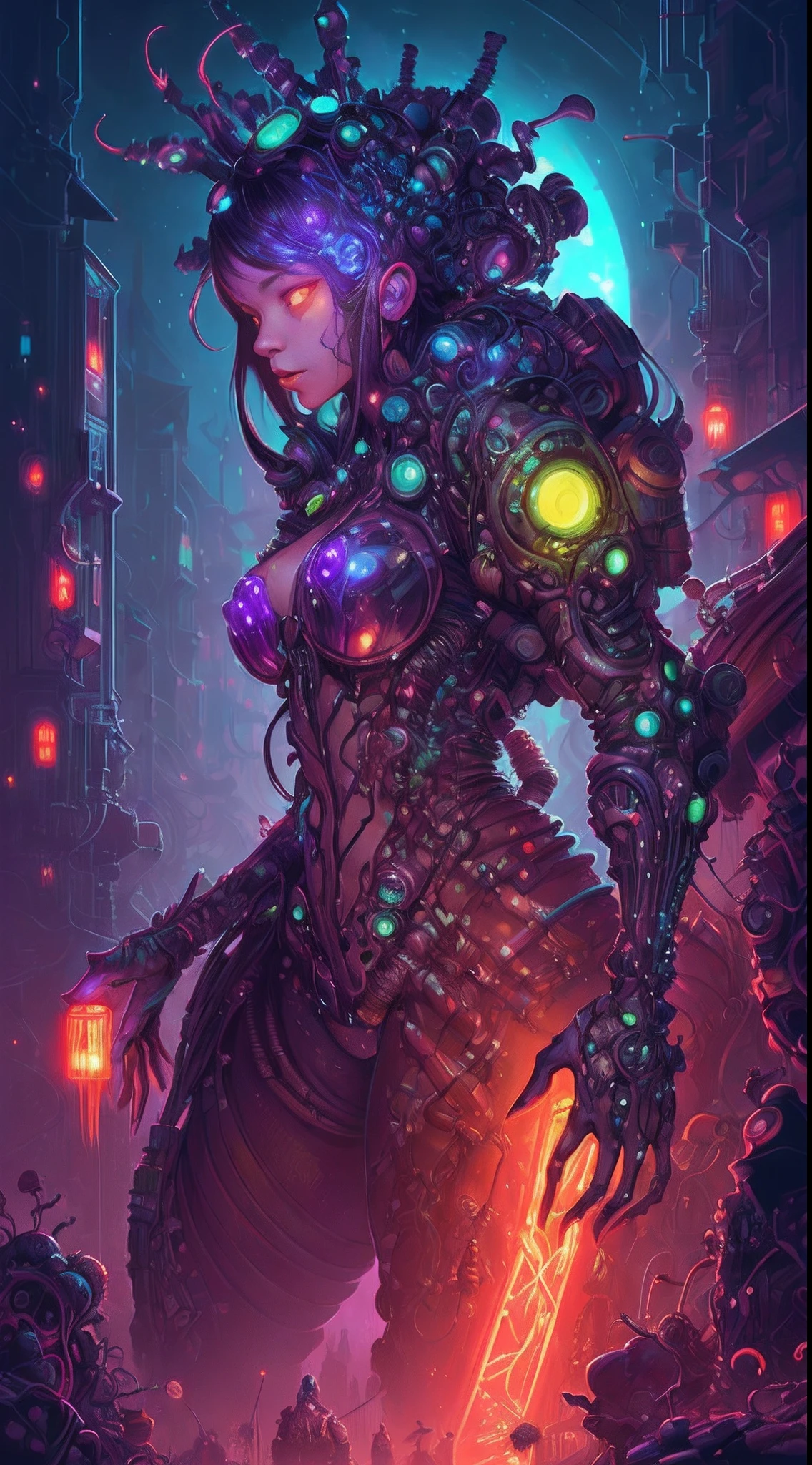 Amazing anatomy, (beautiful female Biopunk), biopunk city background, bioluminescence, (64k ultra hd:1.1), (art by apterus, art by dan mumford, art by lovecraft:1.2), best quality, cgsociety, trending on ArtStation.