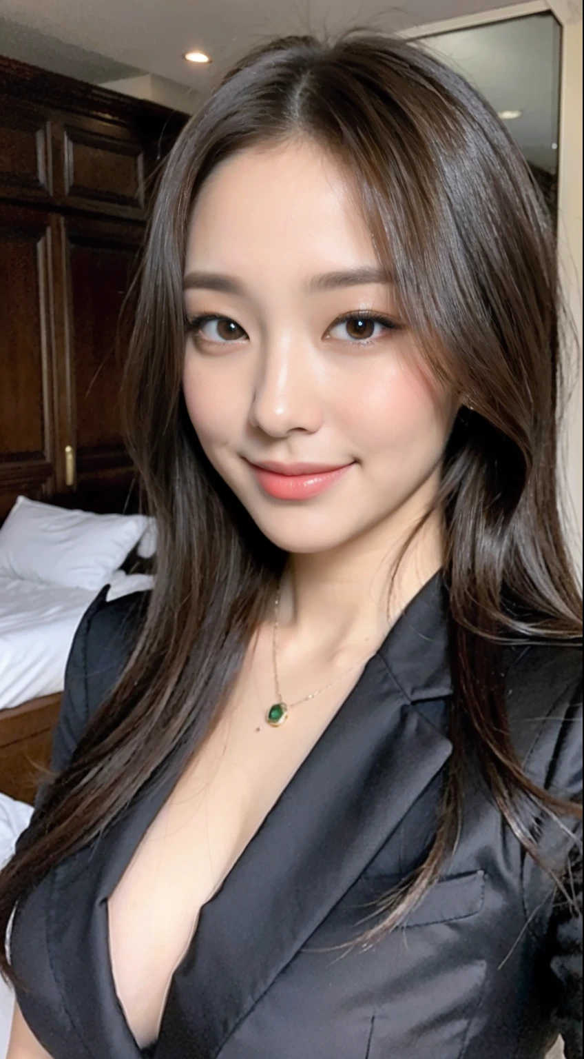 ((Best quality, 8K, Masterpiece :1.3)), 1girll,Pretty Women: 1.3, (Dark brown hair, Bigchest: 1.2), (, Bed, self-shot:1.2), Ultra-delicate face, Delicate eyes, Double eyelids, Smile, winking,Black suit shirt,self-shot,Pouting and kissing