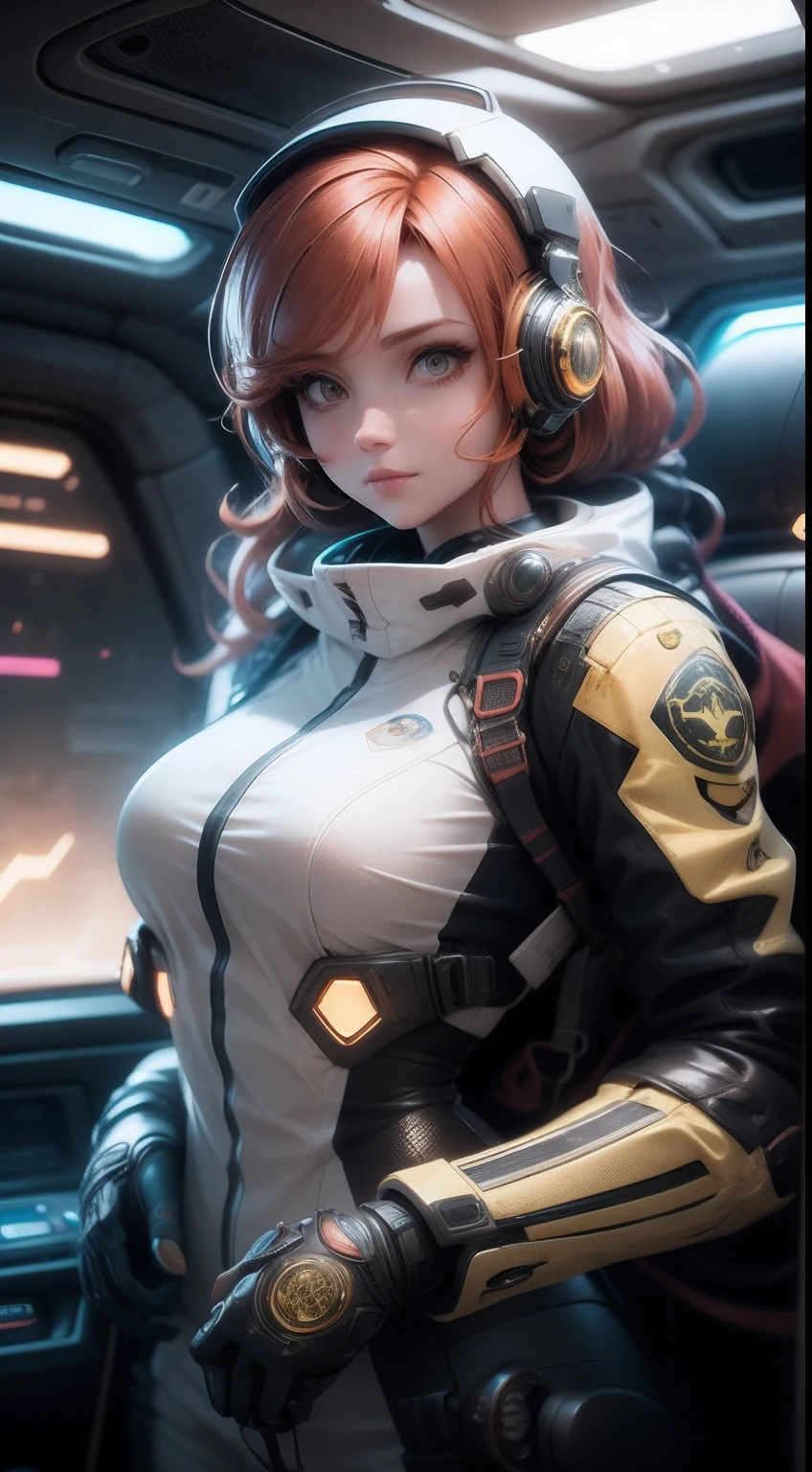 Gwen Tennyson,Tracer,Bulma,Rebecca Chambers,Overwatch,1 Girl,Sunlight,close up,Cyberpunk City,space ship,planet, The Mandalorian,military uniform,Bounty Hunter Gear,Green Long Sleeve Lycra Top,Military leggings,Long hair,silver earrings,Exposing belly,Holding a blaster, Gothic Makeup,Green Eyes,Orange Hair,purple hair highlights,Shy laugh, ,Large Breasts,beautiful girl,Large Breasts,Ultra Detailed,Practical,Fantasy Art,Exposing belly部,belly button,belly button眼,Exposing belly