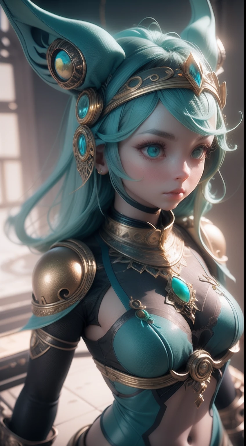 Amazing photo of alien goddess, Ivory headdress, Blue-green gemstones, a 3D render, rendering by octane, intricately details, Filigree decorative tiara, Cinematic