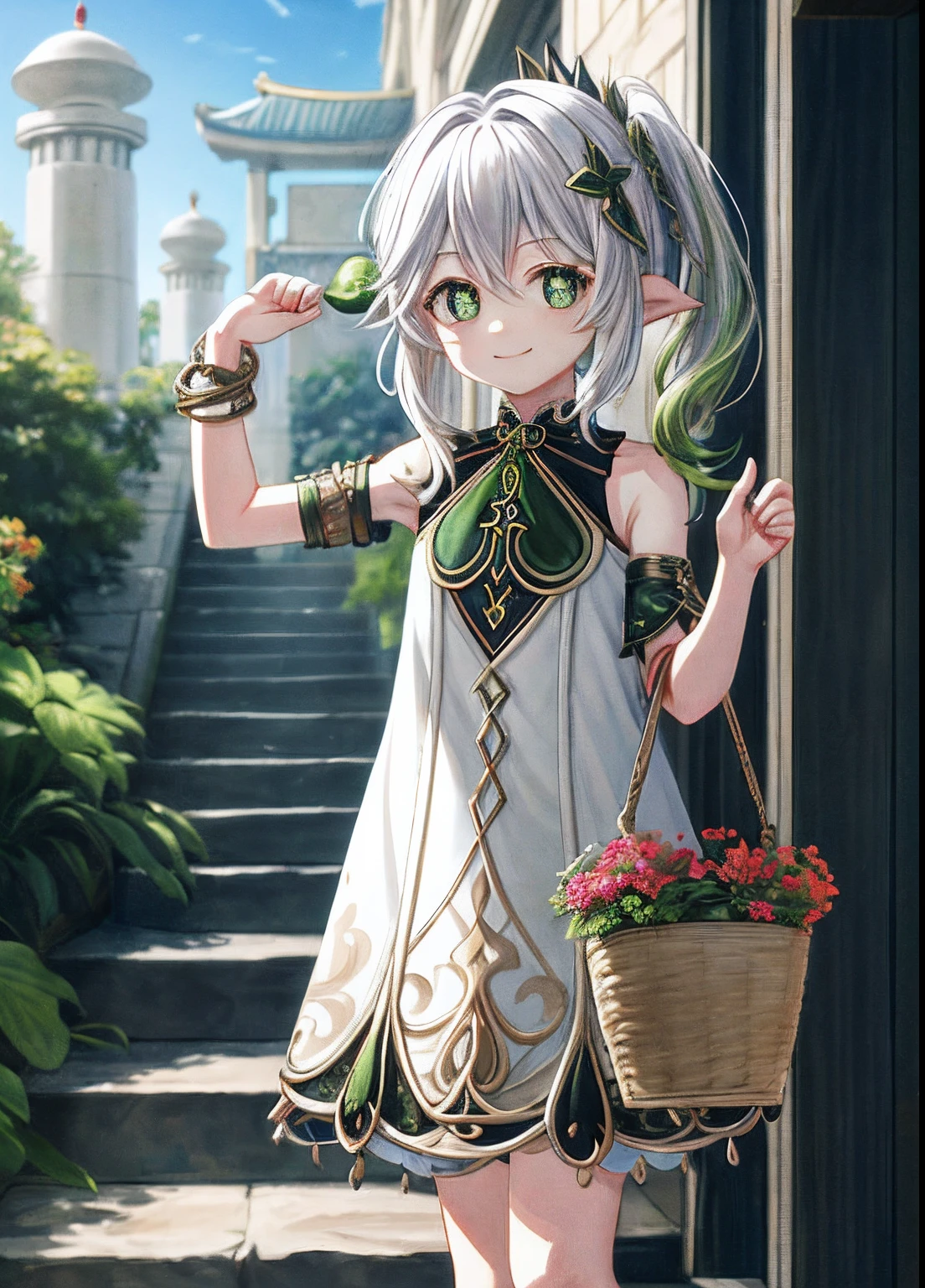 nahidadef,ssmile,Be red in the face,exteriors,In the daytime,simple backgound,The Arm,basket,blue-sky,short detailed hair,Skysky,temple,looking at viewert,stairways,mont,moody light,Big chest