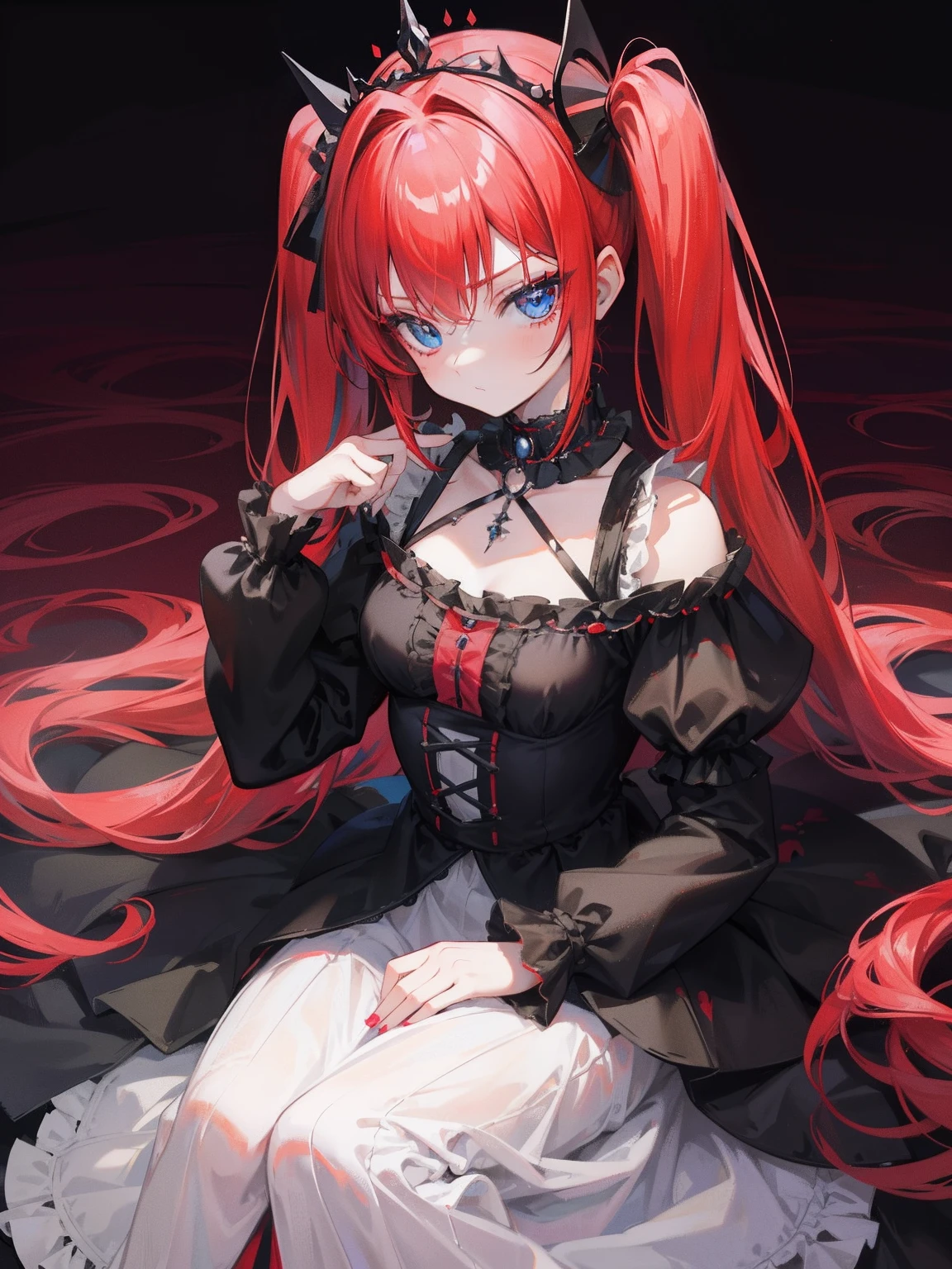 Red hair, Blue eyes, twintails, Goth Lolita, Darkgoth, Collar,Crown tiara,pride,solo,loli,Long hair,{{best quality}}, {{masterpiece}}, {{ultra-detailed}}, {illustration}, {detailed light}, {an extremely delicate and beautiful},little girl,cute,