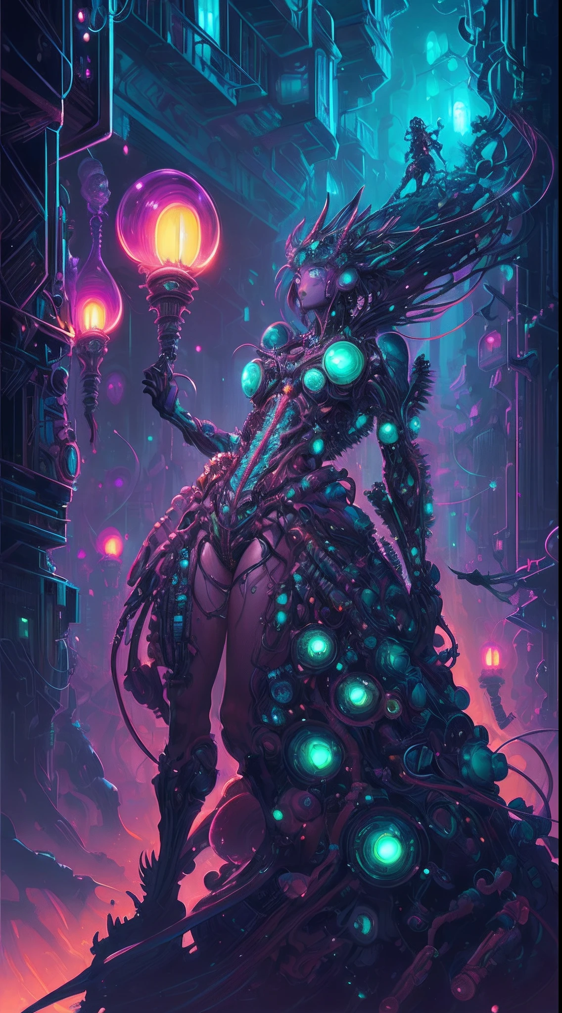 Amazing anatomy, (beautiful female Elf Biopunk), cowboy shot, shiny skin, dynamic pose, biopunk city background, (slimy, organic, glistening, bioluminescence), (64k ultra hd:1.1), (art by apterus, art by dan mumford, art by lovecraft:1.2), best quality, cgsociety, trending on ArtStation.