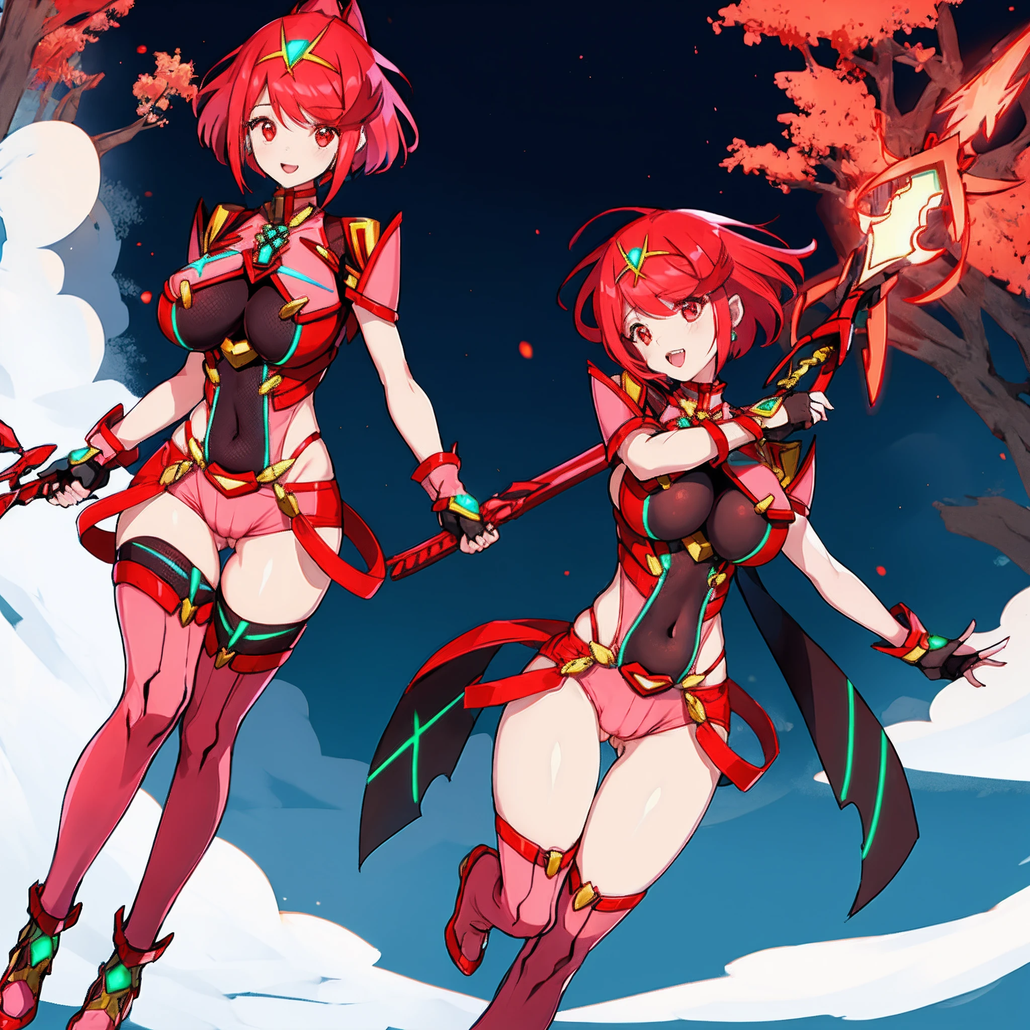 pyra \(xenoblade\), _1girl, loliarmor, bangs, black gloves, breasts, red eyes, light_open_mouth, earrings, eyelashes, fingerless gloves, floating hair, framed breasts, gem, gloves, hair ornament, headpiece, jewelry, big_breasts, leaning back, leotard, neon trim, official art, pose, red hair, red shorts, saitou masatsugu, short hair, short shorts, short sleeves, shorts, sidelocks, skin tight, solo, standing, swept bangs, thighhighs, tiara, night_prairie_background, turtleneck, underbust, vambraces, xenoblade chronicles \(series\), (xenoblade chronicles 2), (spread_legs:1.1), fire_effect,dynamic_pose,fighting,light_smile, (plump:1.4), big_ass,huge_sword, hold_large_sword_hilt, scovered_nipples, (covered_pussy:1.2),cameltoe,back_view, fists,ponytail,plump,beautiful_fingers,(solo:1.1),