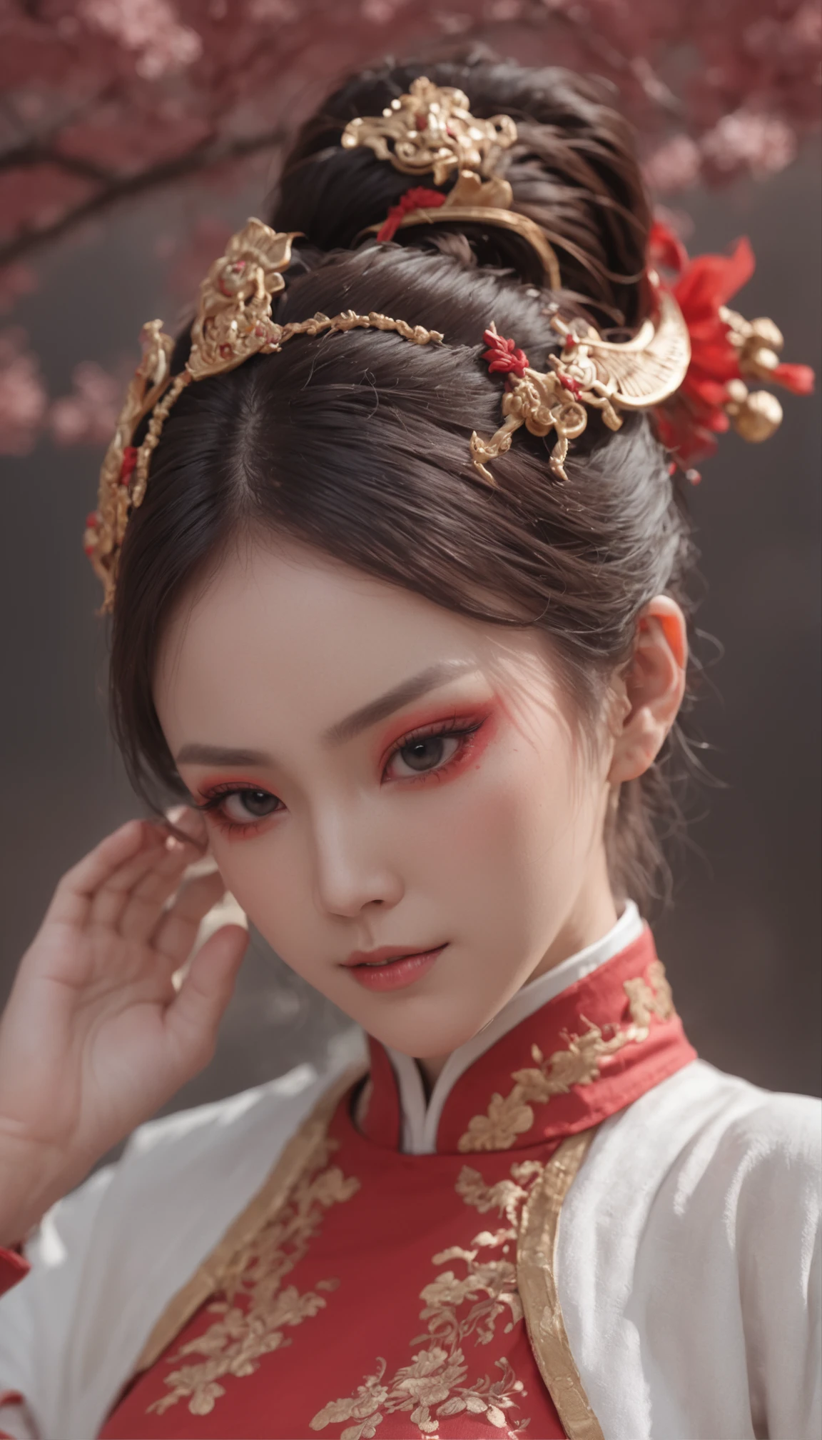 Self-portrait of a woman, Master parts, extremely detaile, best qualityer, Pair it with kung fu outfits, (((Use a facial eye protection mask))), Red mask, extremely detaile, as Sasha Street. (8K, SuperiorQuality, best qualityer, tmasterpiece, highly detailed: 1.2), (((Low-arm posture, Both hands are lowered)))