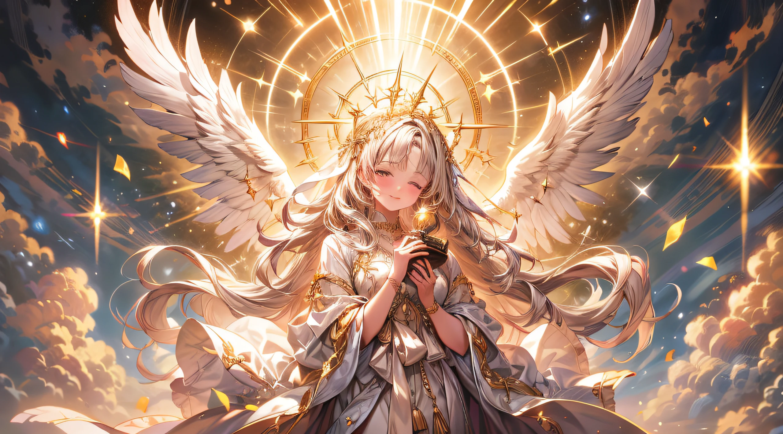 Imagine the breathtaking sight of a golden-haired angelic girl with pristine white wings, Standing before you in her heavenly splendor all day. Her radiant smile is、Illuminate the heavens while clutching a magnificent trophy with delicate hands.blindfolds、 Trophies are、Shine with a brilliance reflecting her illustrious achievements. Her golden locks sway gently in the celestial breeze, And her wings exude an aura of grace and purity. This heavenly being has accomplished something extraordinary, And the trophy symbolizes her dedication and hard work. When we capture this vision of heaven with artistic talent, Her divine being is、Deliver the stars to others、Inspire them to achieve greatness. This enchanting scene is、Celebrating the triumph of the angelic girl's efforts and the beauty of her heavenly journey.