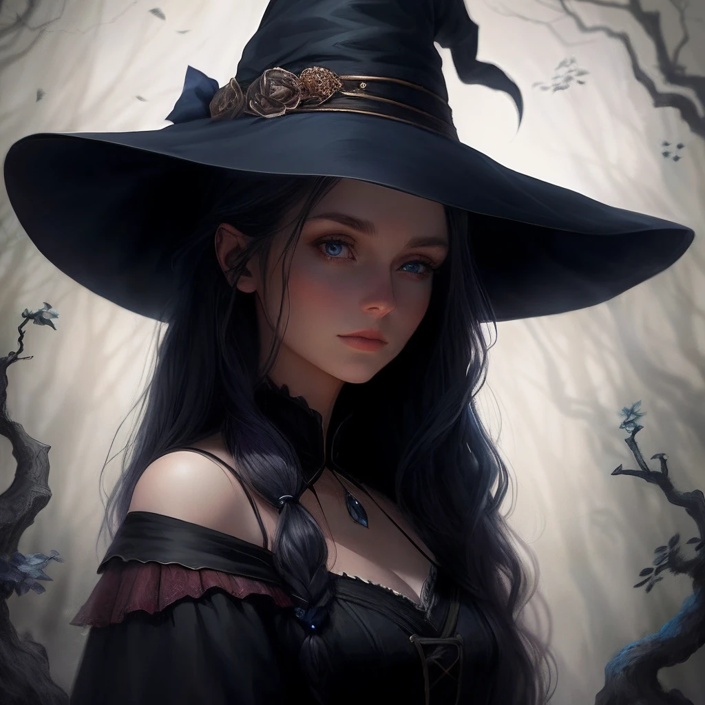 Beautiful witch in a pointed hat, loose hair on the shoulders, Blue eyes glow, Mysterious atmosphere, soft light, hiquality, Detailed study