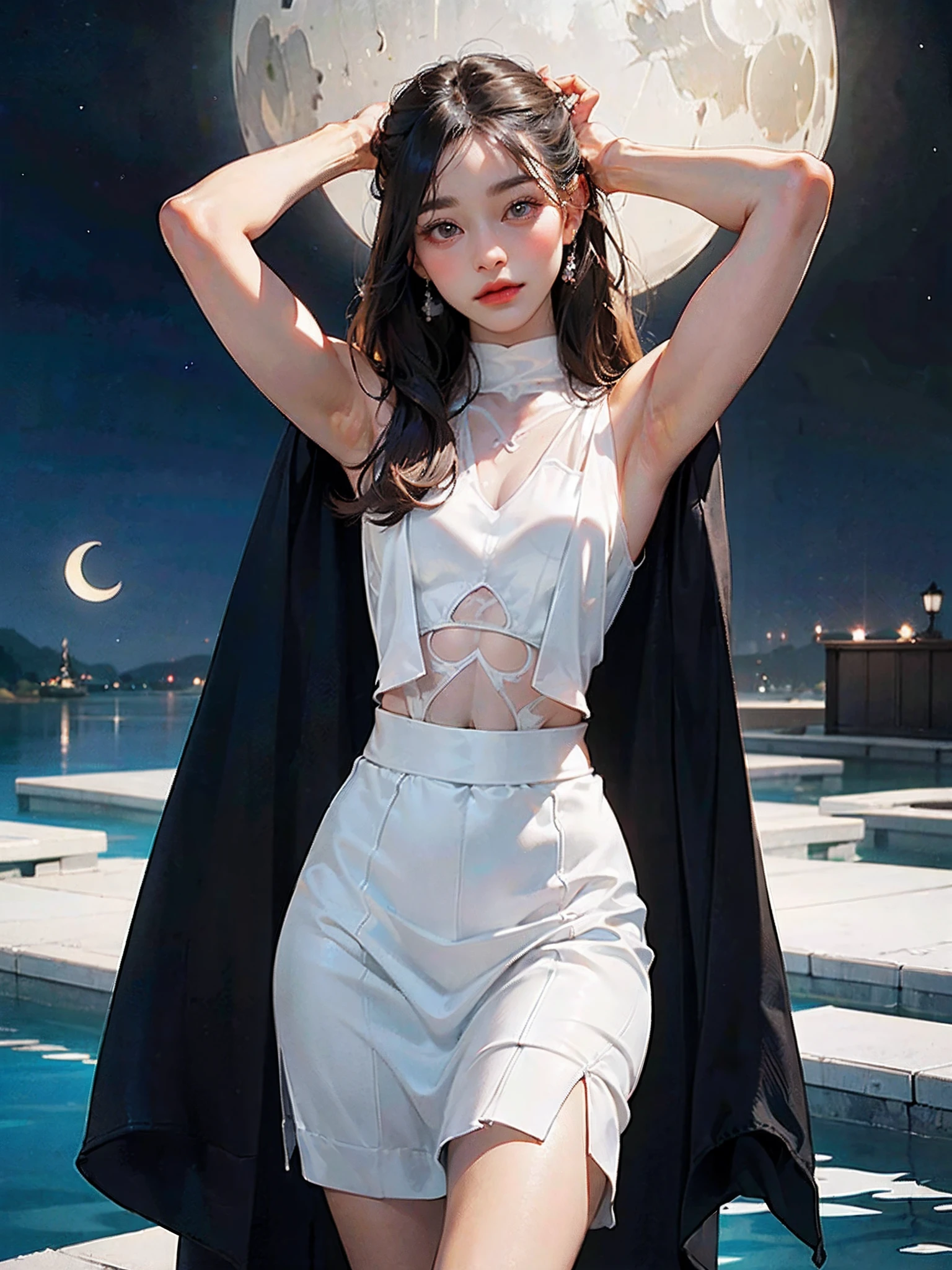 ((Excellent photo of a beautiful Japanese Lady)),
((highly detailed, best quality)),(photorealistic:1.2),8k,(absurdres,ultra highres),(character focus),perfect anatomy,(professional lighting),(moonlight),crescent moon,
(1girl),(young),arms up,looking at viewer,
((beautiful detailed eyes)),(narrow face:1.2),thick eyebrows,straight eyebrows,(falling eyebrows), (droopy eyes:1.2),(close-set eyes),large iris,(brown eyes:1.3),blush,(super detailed skin),(pale skin),(parted lips),(full lips:1.2),(glossy lips),(lipstick),braid,(black medium hair),((pulled back hair)),((wide forehead)),(tall body:1.2),(muscular legs), (muscular arms),(slender),((curvy hips)),((round hips)), 
(flat chest:1.4), (erect nipples visible through clothes),(muscular:1.35),(seethrough:1.6),
(white sleeveless dress:1.2),lake,reflection