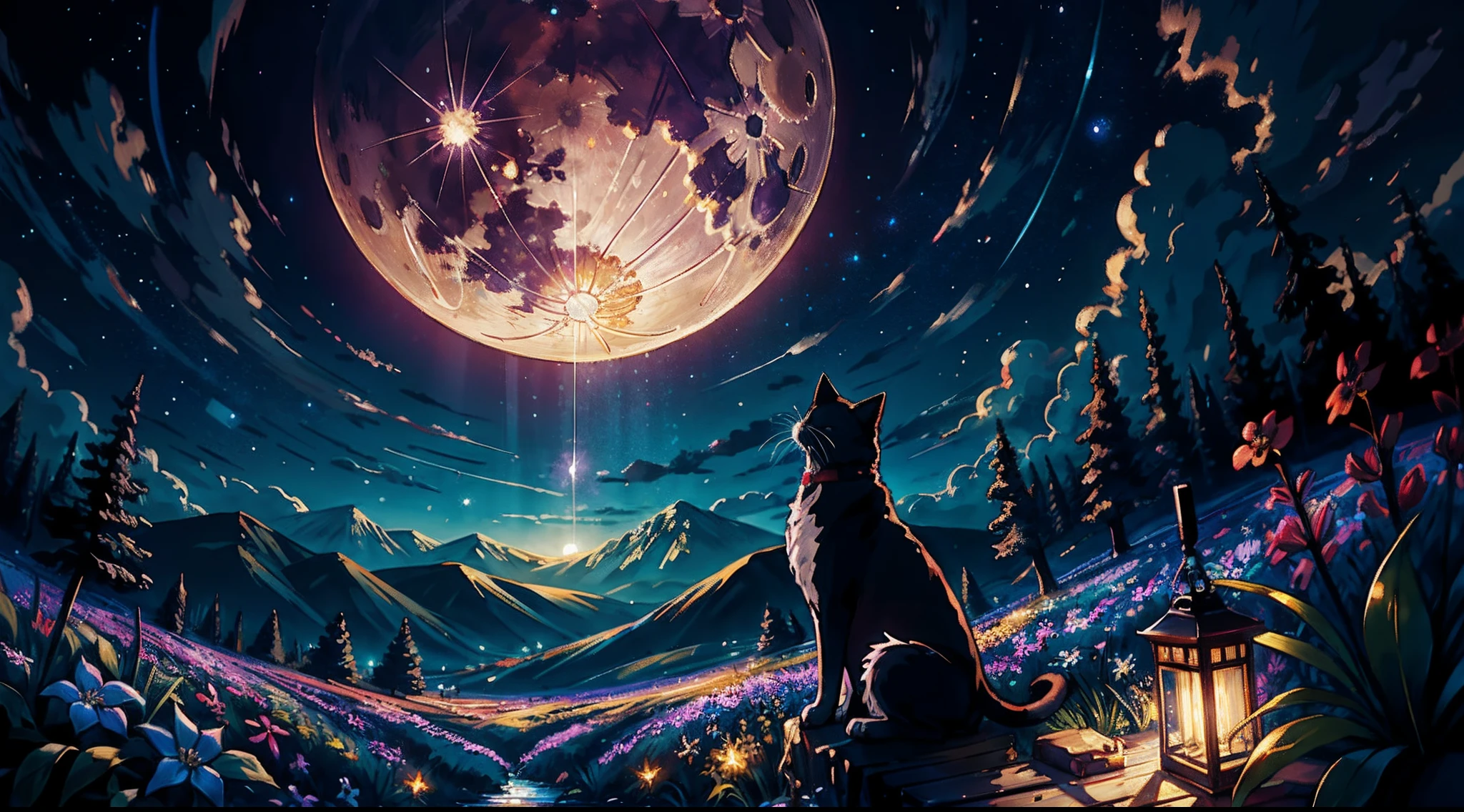 Expansive landscape photograph, (View from below with a view of the sky and the wilderness below), A cat stands in a flower field looking up, (full moon: 1.2), (meteors: 0.9), (Starcloud: 1.3), A Distant Mountain, Tree BREAK Production Art, (Warm light source: 1.2), (Firefly: 1.2), lamp lights, Purple and orange, intricately details, Volume Lighting BREAK (Masterpiece: 1.2), (Highest quality ), 4K, Ultra-detailed, (Dynamic configuration: 1.4), Highly detailed and colorful details (glitters: 1.2), (Sparkling lighting, Atmospheric lighting), Dreamy, magical, (Solo: 1.2)