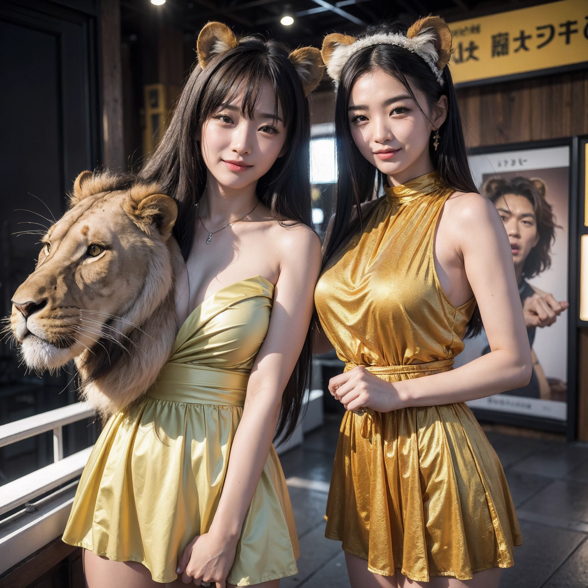 (8K、RAW Photos、top-quality、masterpiece:1.5)、(realisitic、Photorealsitic:1.5)、ultra-detailliert、超A high resolution、lighting like a movie、(((Idols who love lions)))、(((Japan girls)))、(((Wearing a cute costume with a lion motif)))、(A lot of lions:1.5)、cute smile face、Happy and energetic atmosphere、dynamic ungle、动态照明