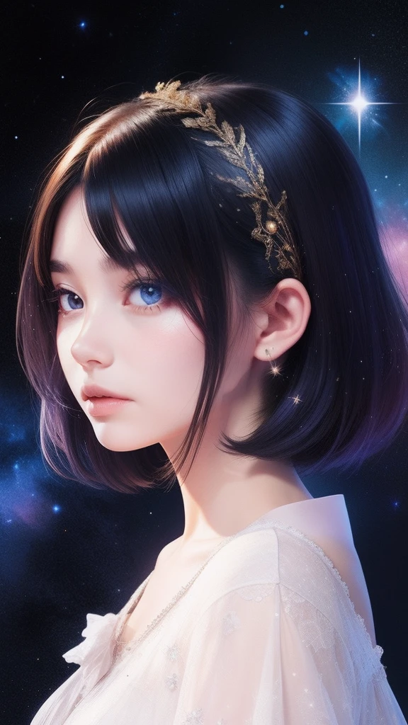 The girl's hair is turning into a starry sky,The girl's clothes blend into the galaxy,Close-up of the head