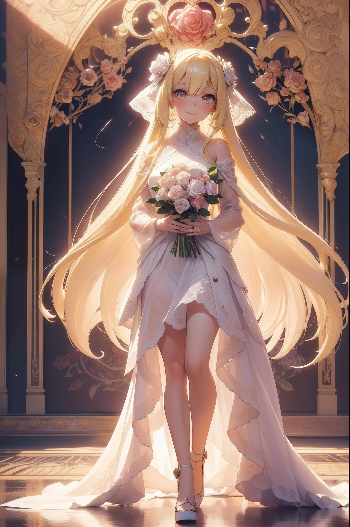 (masterpiece), (Best Quality), (White background:1.4),(a girl, Happy smiling face, Looking to the Viewer, Colorful long straight hair, Contemporary Girl),(Big yellow crystal eyes), (Long Platina Blonde Straight Hair:1.5), (Art Nouveau illustration:1.4),(Reasonable design, Clear lines, High Sharpness,Best Quality, Very detailed, masterpiece, Movie Light Effects, 8K ), ((rose, rose, rose, having a rose flower heart form bouquet at hand)), ((3D)), Colorful, Falling soft sun rays, Happy, (zen tangle art:1.2), full body, model walking, Paris collection runway,