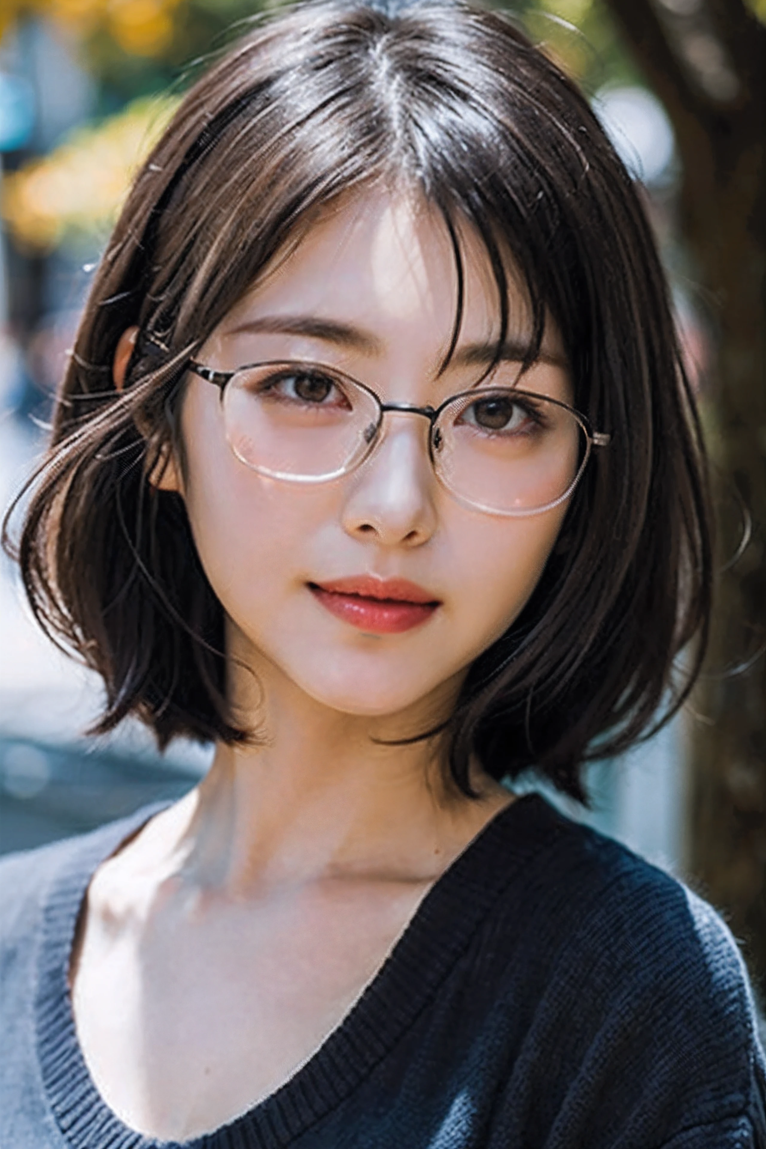 (8K、Raw photography、top-quality、masterpiece:1.2)、(realisitic、Photorealsitic:1.37)、ultra-detailliert、超A high resolution、1人、see the beholder、beautifull detailed face、A smile、Constriction、(Slim waist) :1.3)、Autumn clothes、Beautiful detailed skin、Skin Texture、Floating hair、Professional Lighting、Osaka、Black-rimmed square glasses、Whole human body、Brown hair