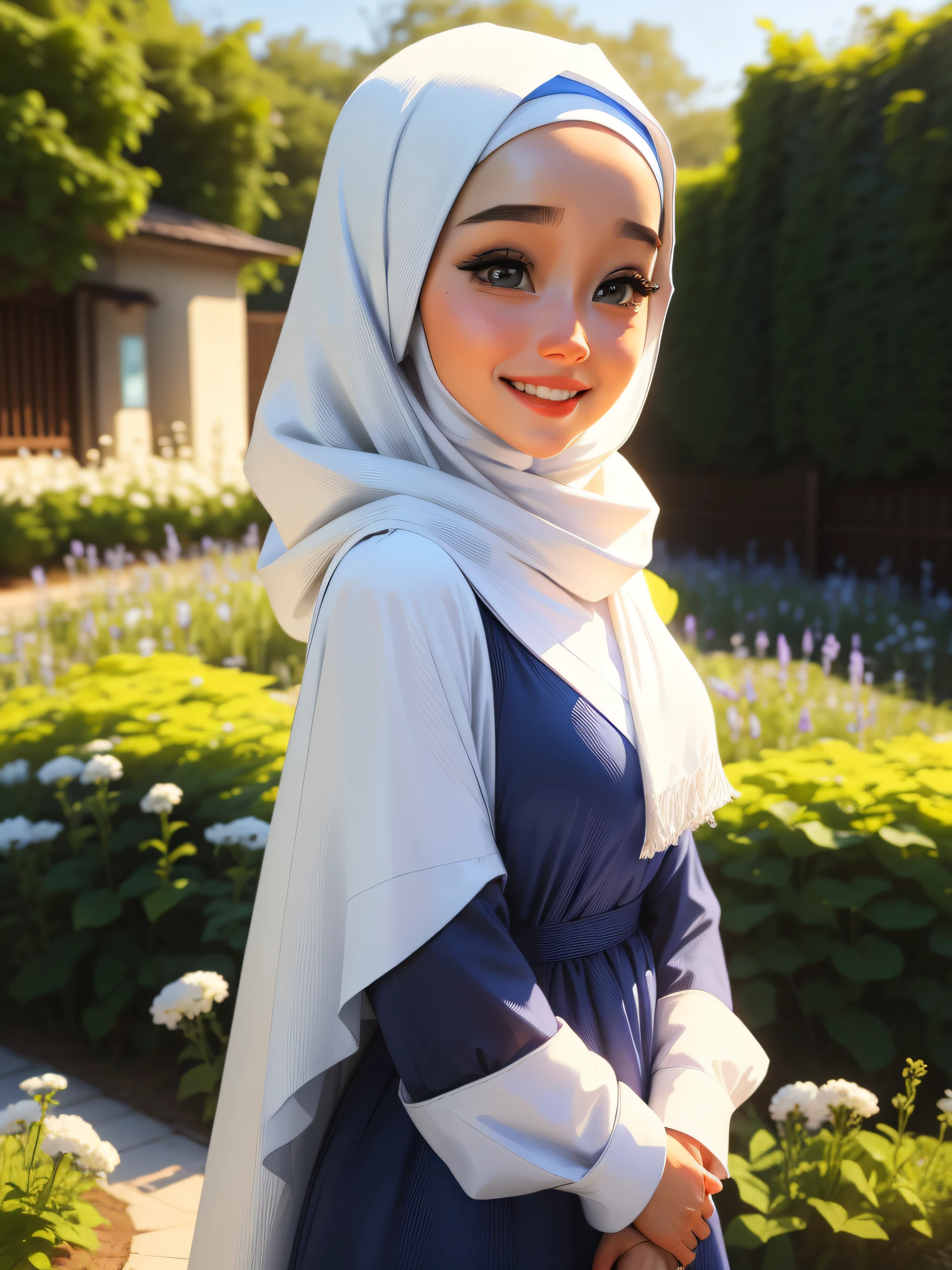 a woman in a blue dress and white hijab poses for a picture, cute face, beauty girl, big eyes, smiling, close up, hijab, ruan cute vtuber, white hijab, portait photo profile picture, in garden, inspired by Naza, zenra taliyah, inspired by Ni Yuanlu, with kind face, sakimi chan, handsome girl, serena malyon, dilraba dilmurat