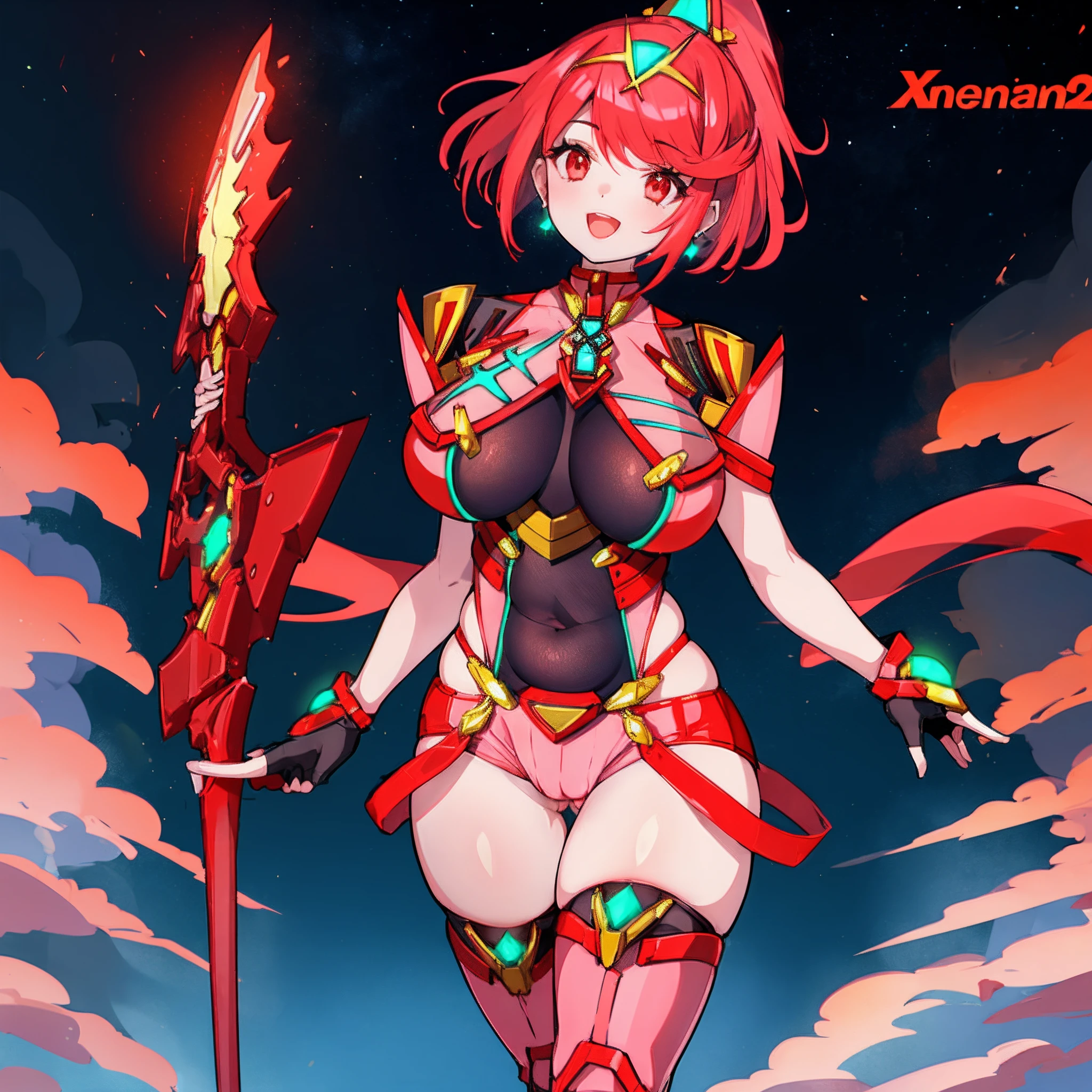 pyra \(xenoblade\), _1girl, lolimor, bangs, black gloves, breasts, red eyes, light_open_mouth, earrings, eyelashes, fingerless gloves, floating hair, framed breasts, gem, gloves, hair ornament, headpiece, jewelry, big_breasts, leaning back, leotard, neon trim, official art, pose, red hair, red shorts, saitou masatsugu, short hair, short shorts, short sleeves, shorts, sidelocks, skin tight, solo, standing, swept bangs, thighhighs, tiara, night_prairie_background, turtleneck, underbust, vambraces, xenoblade chronicles \(series\), (xenoblade chronicles 2), (spread_legs:1.1), fire_effect,dynamic_pose,fighting,light_smile, (plump:1.4), big_ass,huge_sword, hold_large_sword_hilt, scovered_nipples, (covered_pussy:1.2),cameltoe,back_view, fists,ponytail,plump,beautiful_fingers,(solo:1.1),