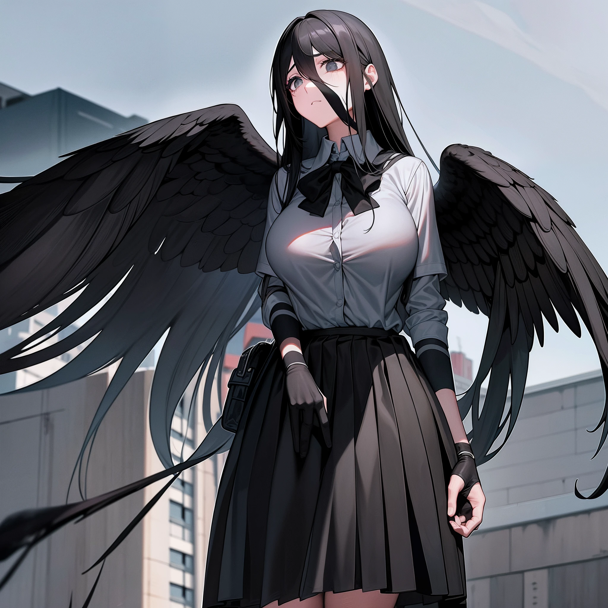 Black wings，cabelos preto e longos，Gray eye，Black torn school uniform，Bandages are tied to his arms and legs，A sad look，Desperate eyes with big breasts，Look up slightly，Stand on the school rooftop