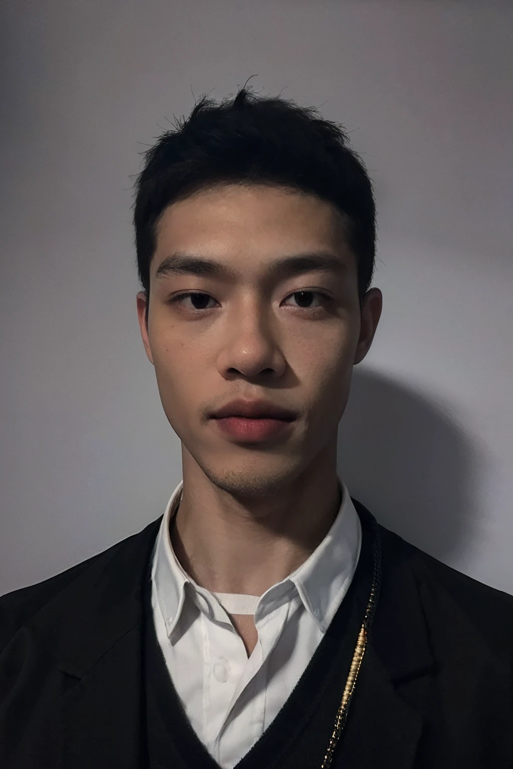 (masterpiece:1.2),(best_quality:1.4),(highres:1.1),(ultra-detailed:1.2),1 man,good_shoulder,fashion_model, model_pose, (black male perm hair),(eye close-up),model,(handsome) Clear eyes,Men's Hairstyle, black eyes, full body, school boy, dirty school uniform, black pants, standing, in dark school, chaos class room