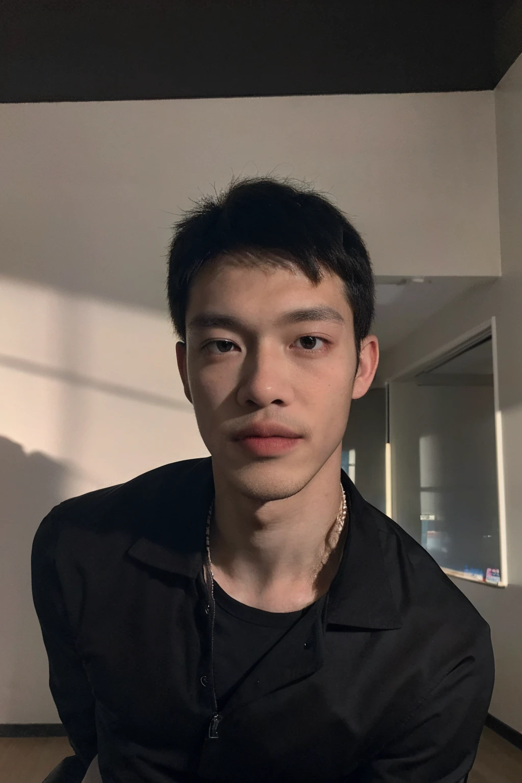 (masterpiece:1.2),(best_quality:1.4),(highres:1.1),(ultra-detailed:1.2),1 man,good_shoulder,fashion_model, model_pose, (black male perm hair),(eye close-up),model,(handsome) Clear eyes,Men's Hairstyle, black eyes, full body, school boy, dirty school uniform, black pants, standing, in dark school, chaos class room