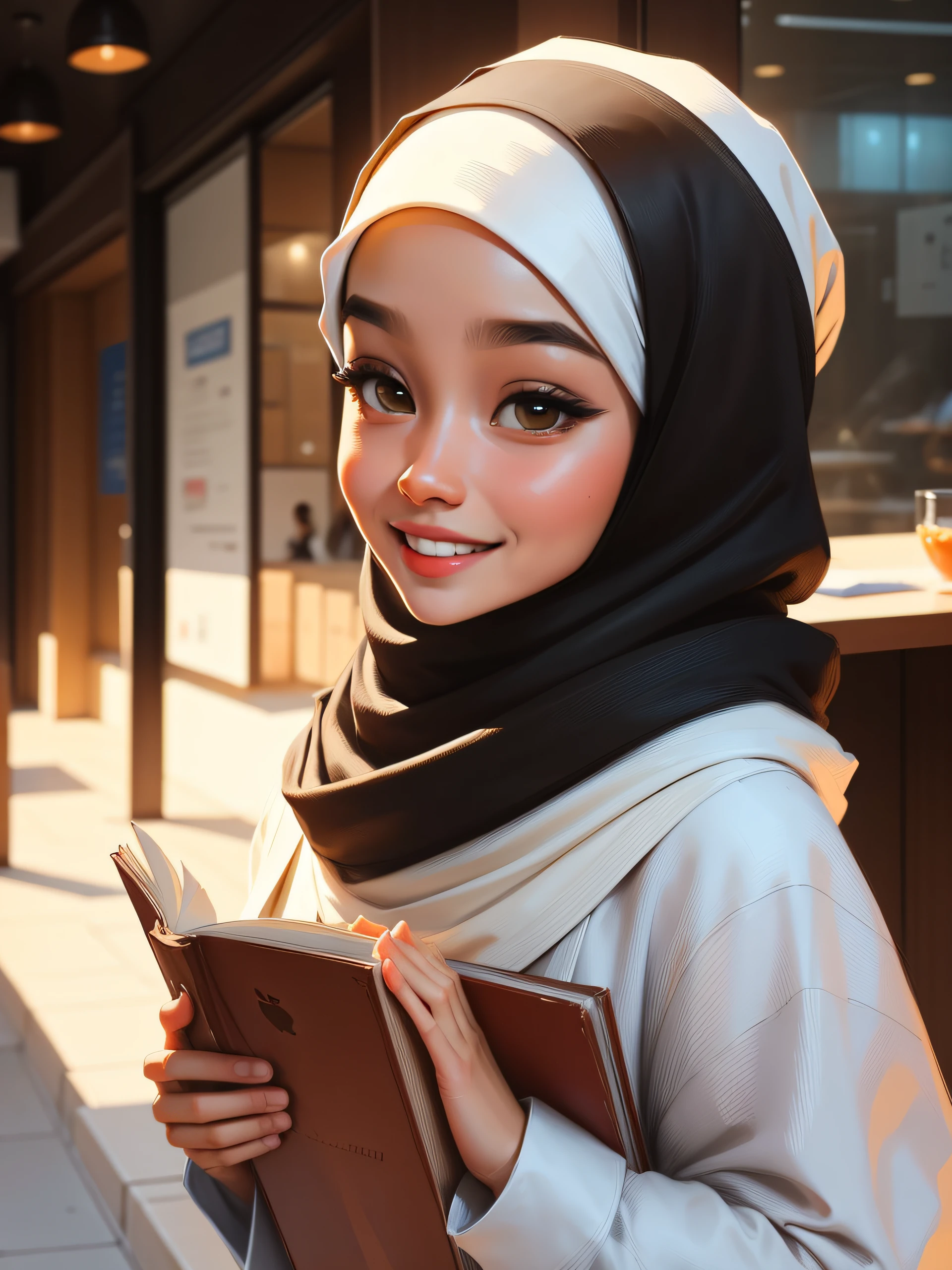 there is a girl standing holding a book, beauty girl, cute face, big eyes, pose, smile, close up, white hijab, hijab, zenra taliyah, inspired by Shaddy Safadi, inspired by Nazmi Ziya Guran, detailed picture, inspired by Fathi Hassan, puff sleeves, inspired by Sarper Baran, inspired by Ni Yuanlu, handsome girl, serena malyon, with apple