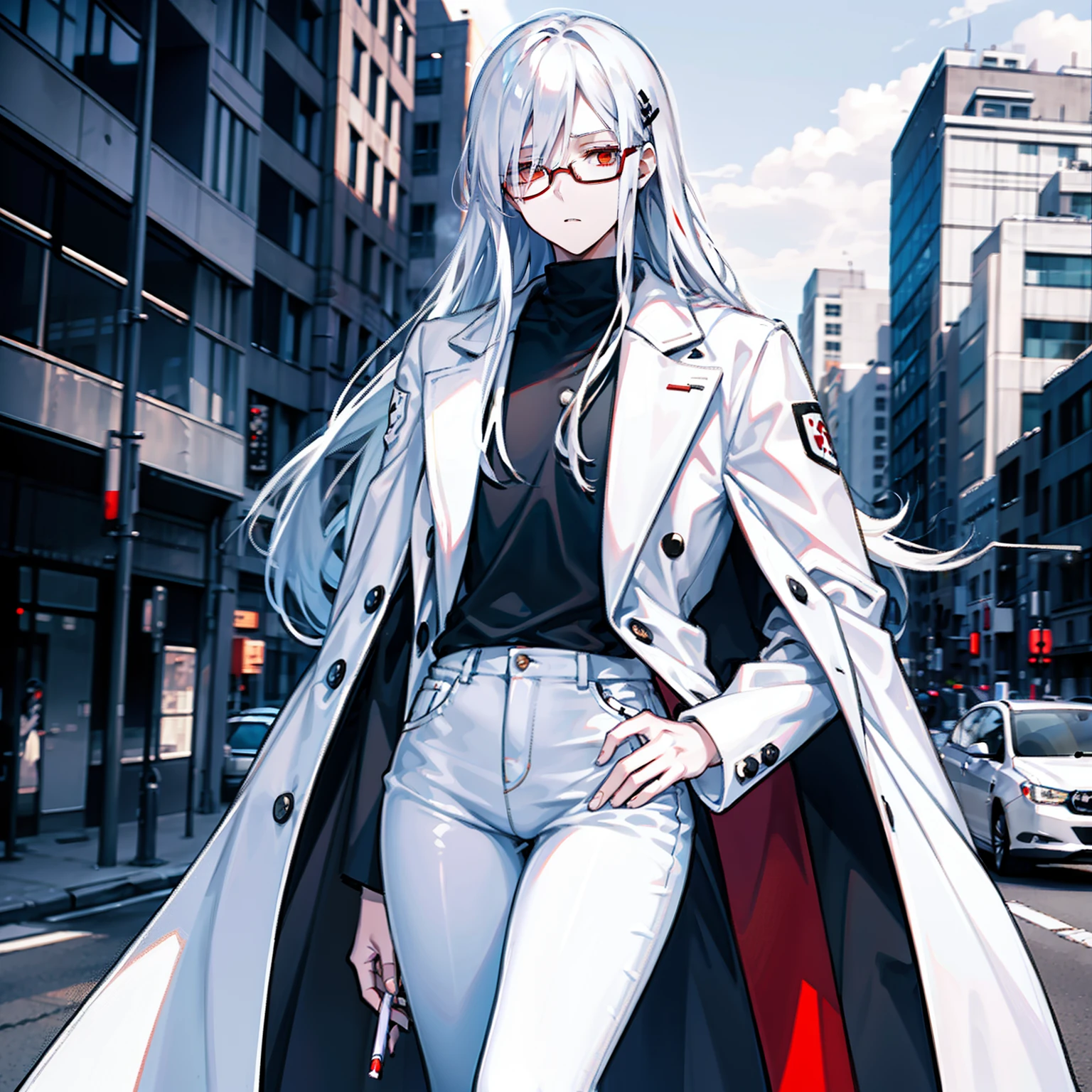 Wearing a white coat and blue jeans,Tall guy,with a well-proportioned body。Medium to long white hair,red - eyed,Black glasses,Young female style,The face is grim,The expression is cold,Cigarette in hand,Big sister,Quiet office background,dark palette。