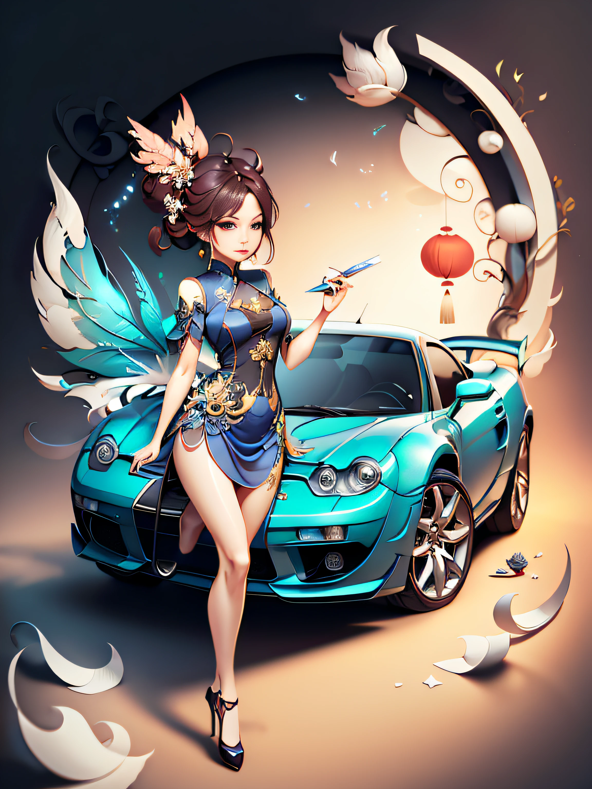 tmasterpiece，best qualityer，A piece of paper drawing，Beautiful Chinese fairy with car，