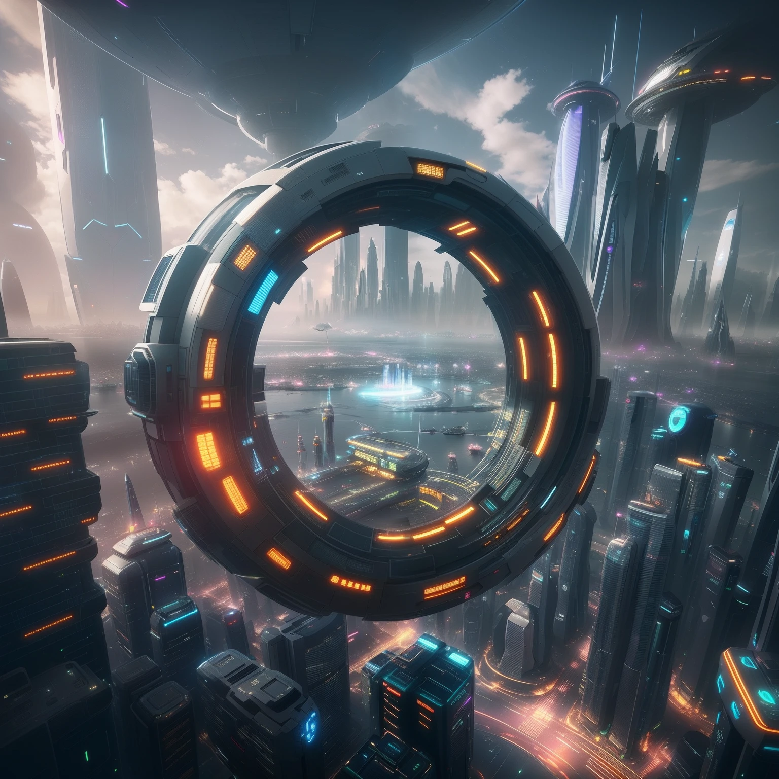 futuristic city with a circular structure in the middle of it, 3 d render beeple, cinematic scifi shot, futuristic. game cg, futuristic city backdrop, future science fiction. game cg, arstation and beeple highly, futuristic setting, beeple. octane render, futuristic cityscape, octane render sci - fi, cinematic beeple, photo of futuristic cityscape
