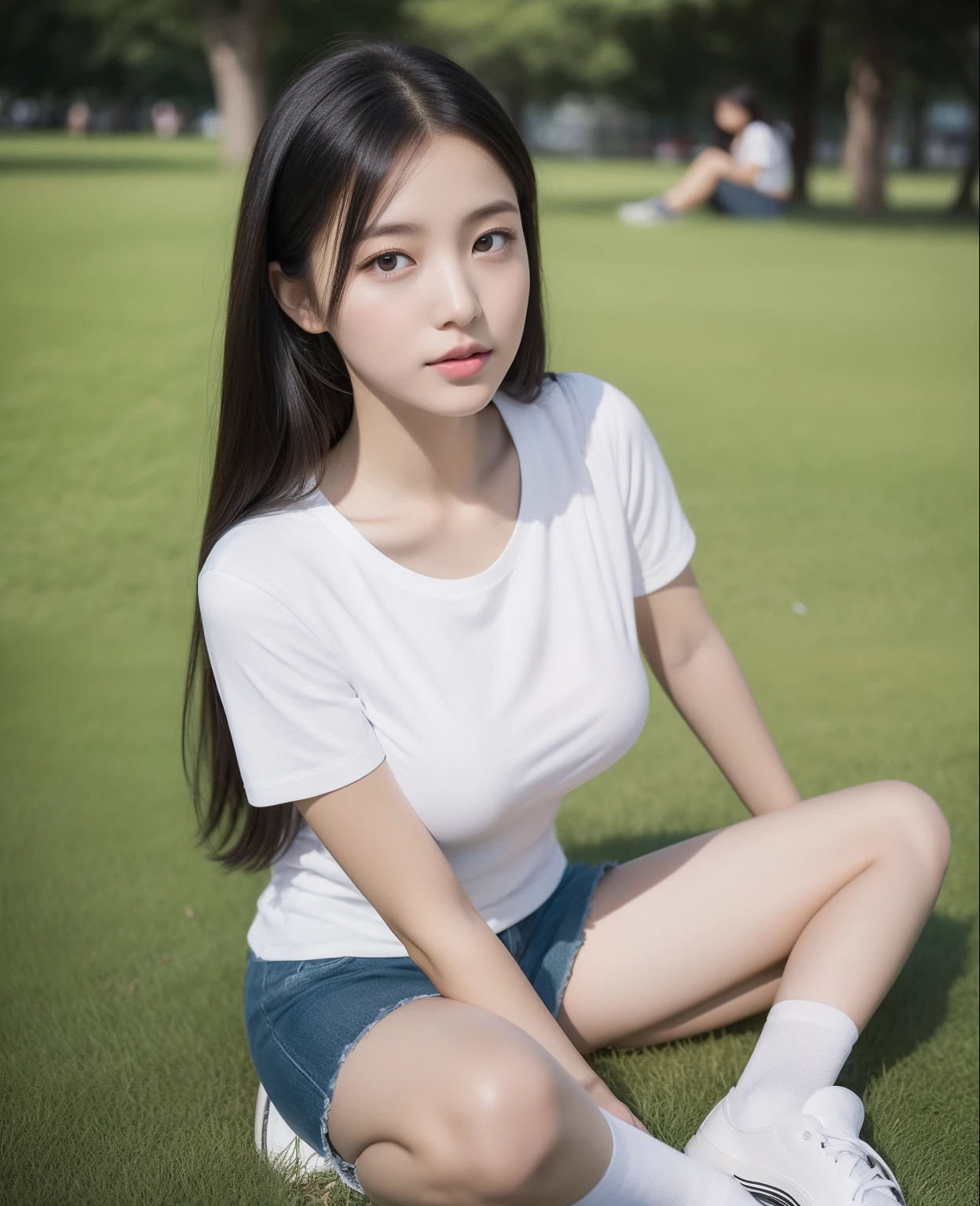 (yinchuan:1.5),, masterpiece, top-quality, Raw foto, Photorealsitic, large full breasts、beautiful and flawless face, Soft smile、20 years girl、Colossal tits、Women's Golf、Golf Wear、greenr、crouching down、depth of fields, hight resolution, ultra-detailliert, finely detail, ighly detailed, extremely detailed eye and face, Sharp pupils,
