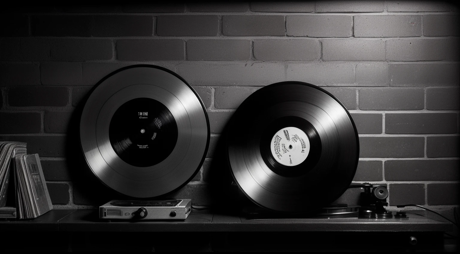 Photo captured by a 50mm lens, in black and white, of vinyl records hanging on a brick wall, inside a dark studio